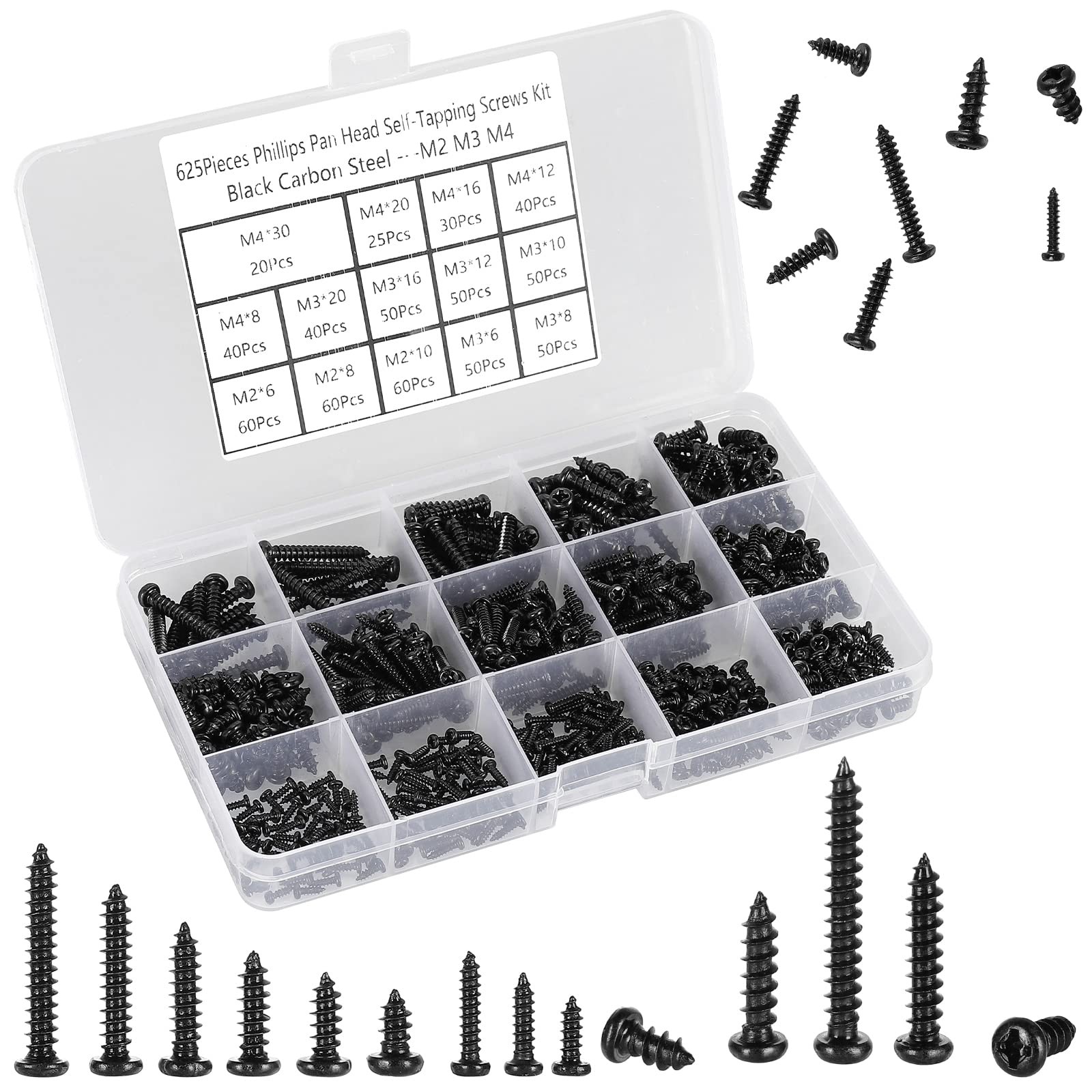 625pcs M2-M4 Phillips Pan Head Self-Tapping Screws Assortment Kit Black