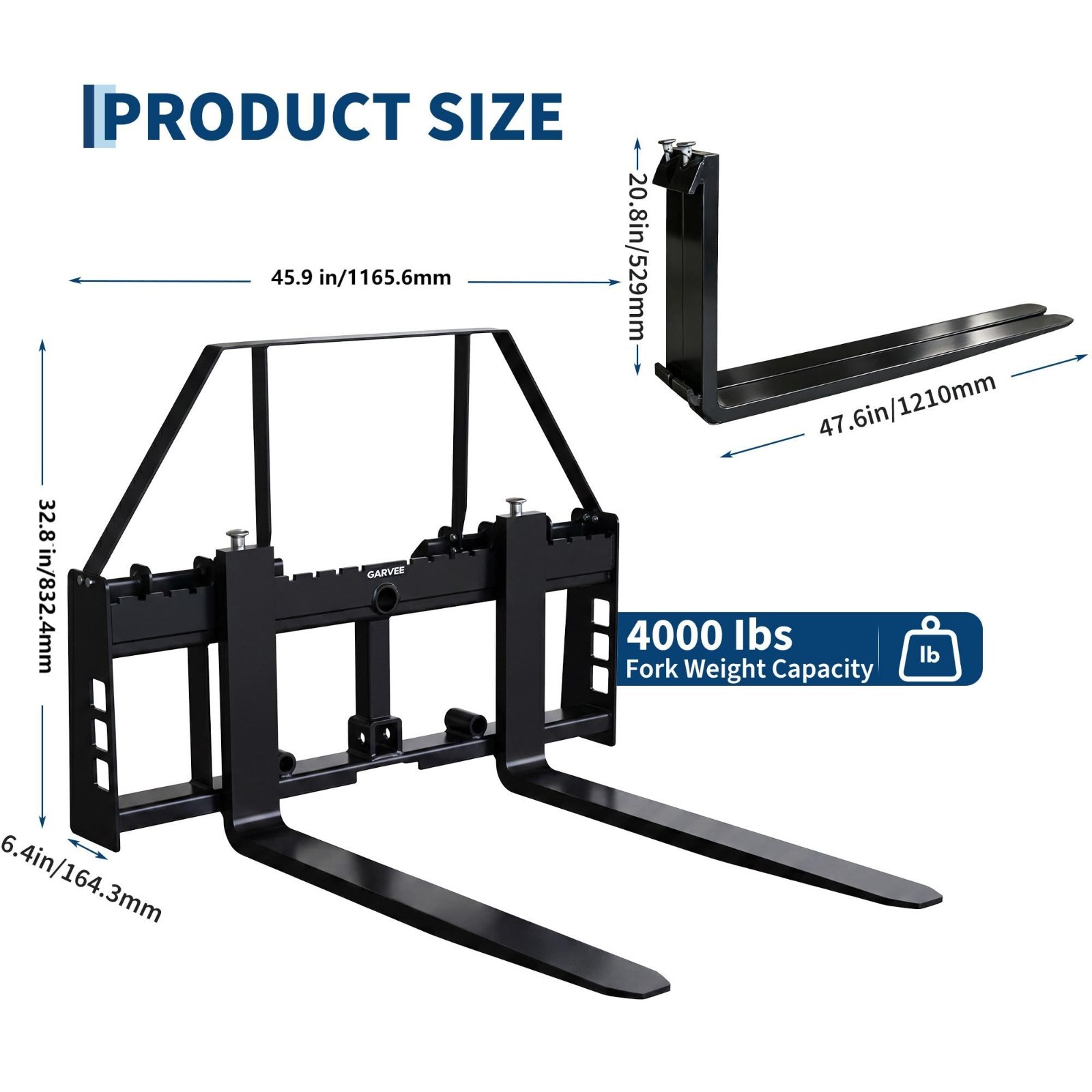 Attachments Skid Steer Pallet Fork Frame 48″ Pallet Fork Blades 2″ Hitch Receive