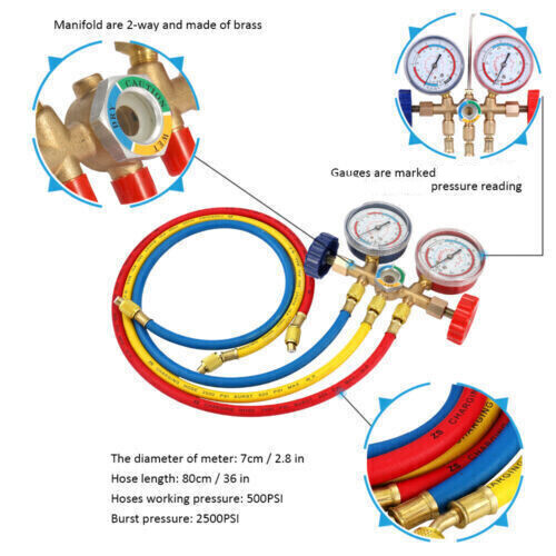 HVAC A/C Car Air Conditioning Refrigerant Recharge Measuring Hose Gas Gauge Kit