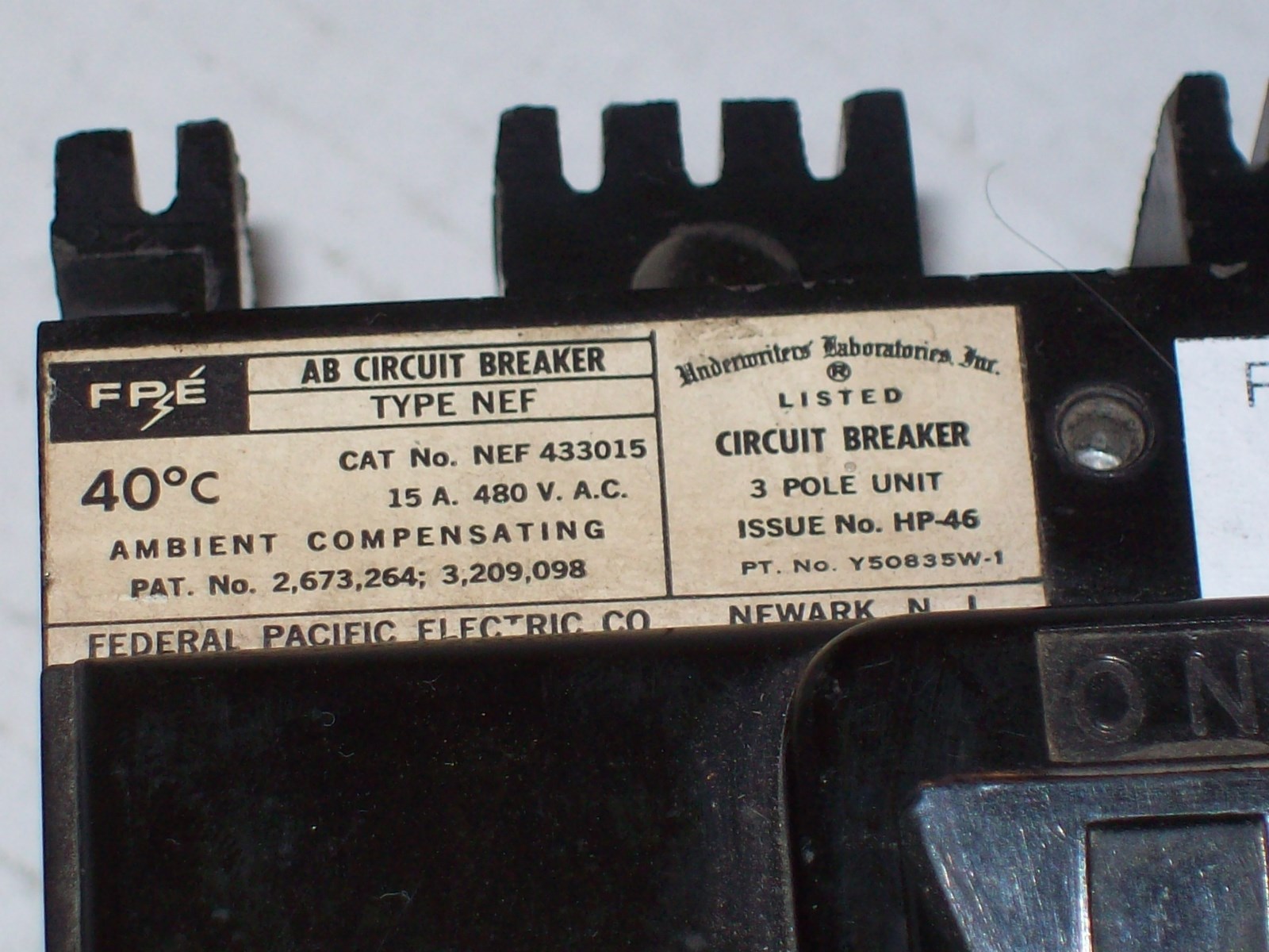 FPE FEDERAL PACIFIC ELECTRIC NEF433015 15A 480VAC CIRCUIT BREAKER P923