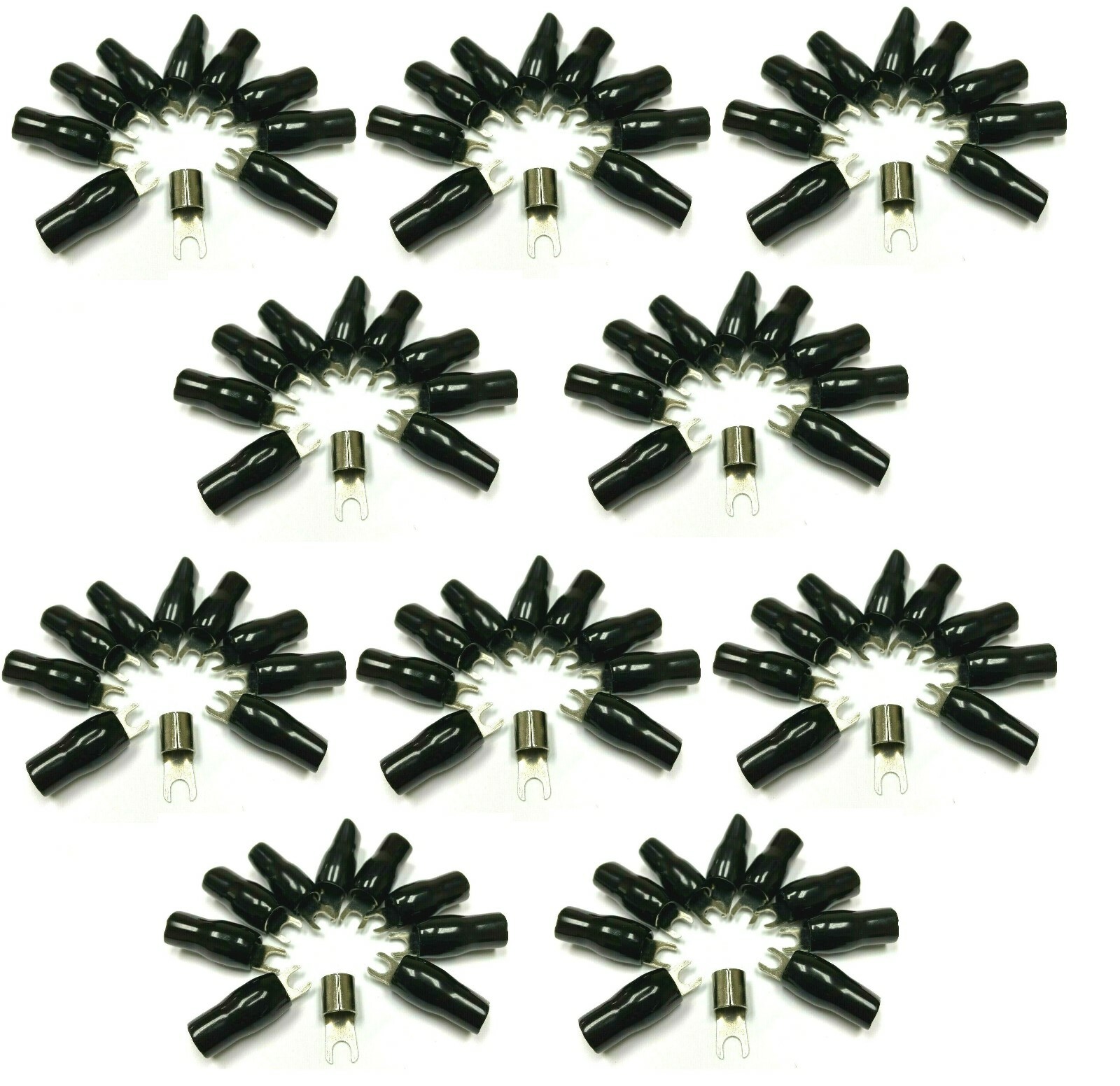 100pc 4 Gauge Crimp Silver SPADE FORK Terminals Connector Wire Cable BLACK Boots