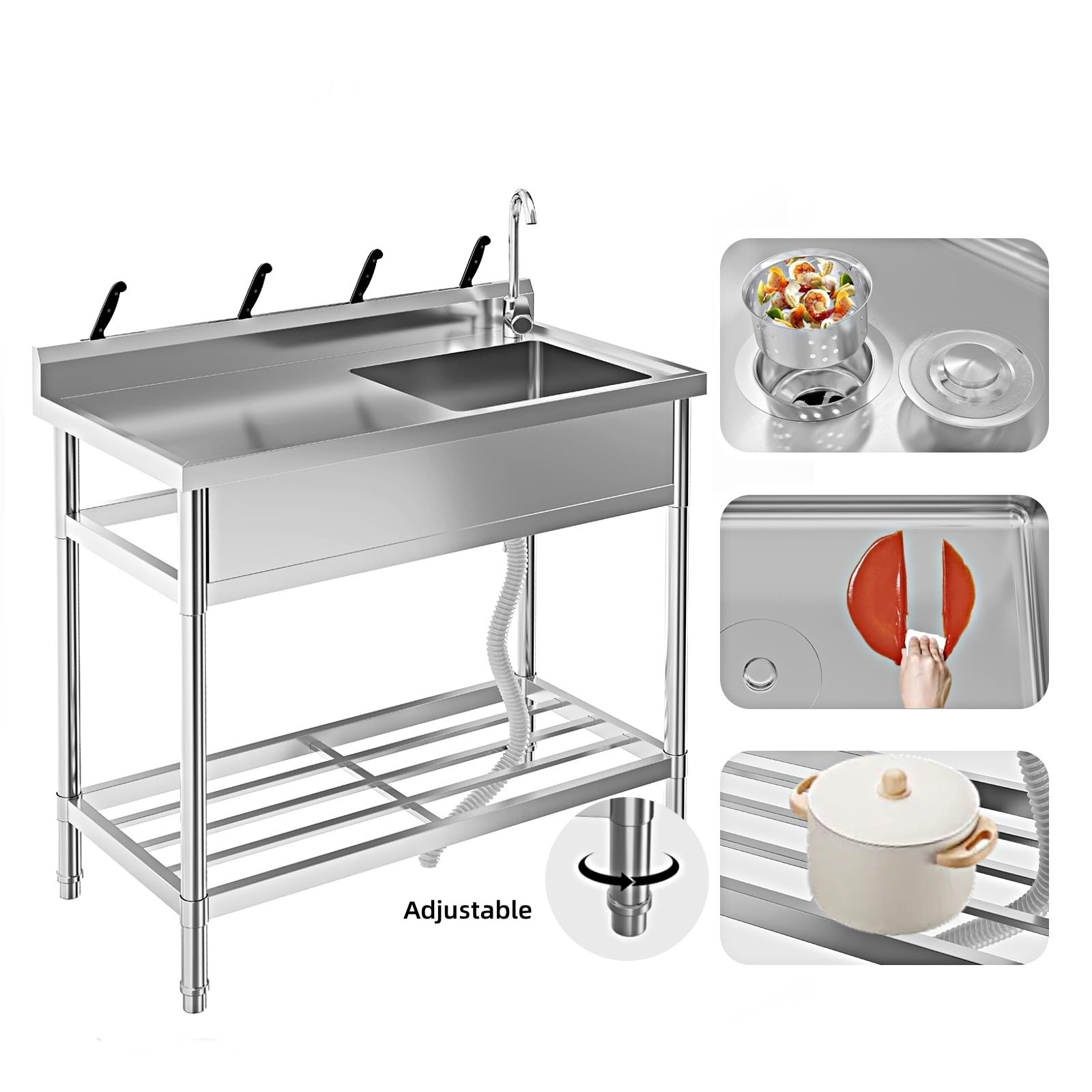 47″ Kitchen Sink Stainless Steel Commercial 1 Compartment Utility Sink W/ Faucet