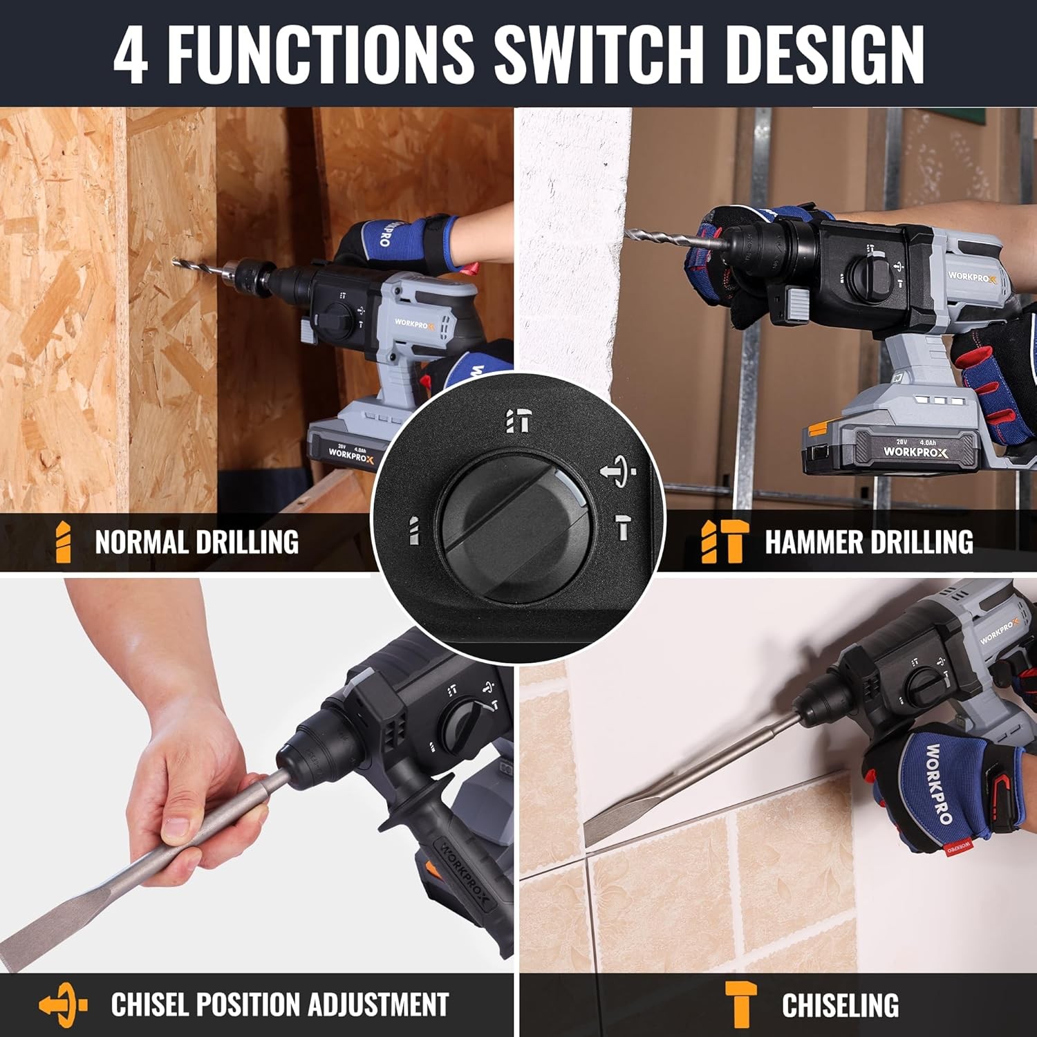 WORKPROX 20V 520W Cordless Brushless Rotary Hammer Drill Kits 7/8″ SDS-Plus 2.0J