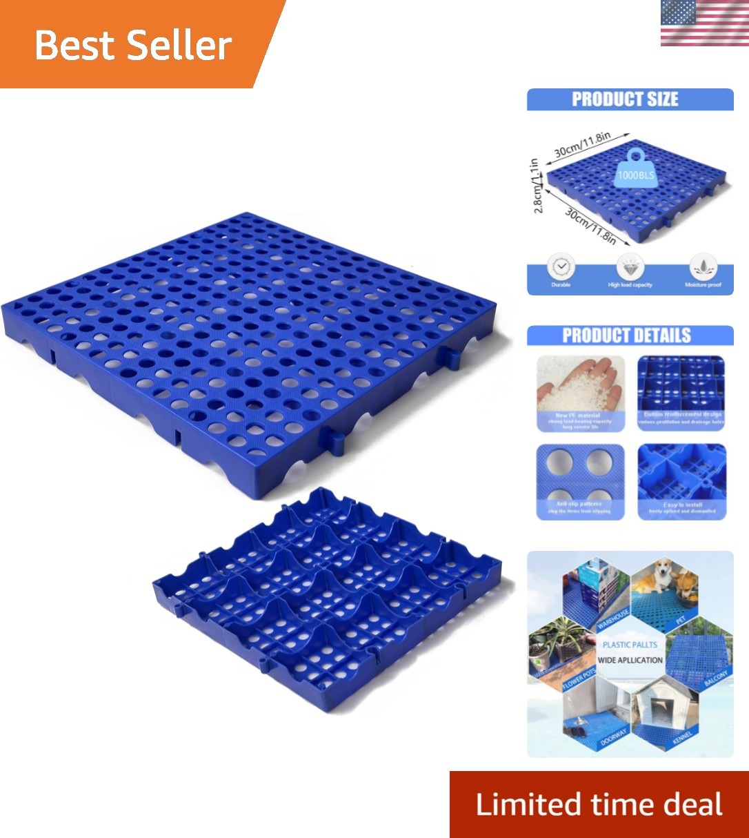 Durable Blue Plastic Storage Pallets for Basement and Garage – 4-Pack, 1000 lbs