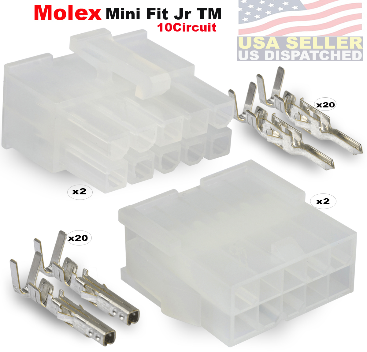 10-Pin Molex Mini-Fit Jr Connector – Wire Conn. with Pins – w/18-24 AWG (2 Set)