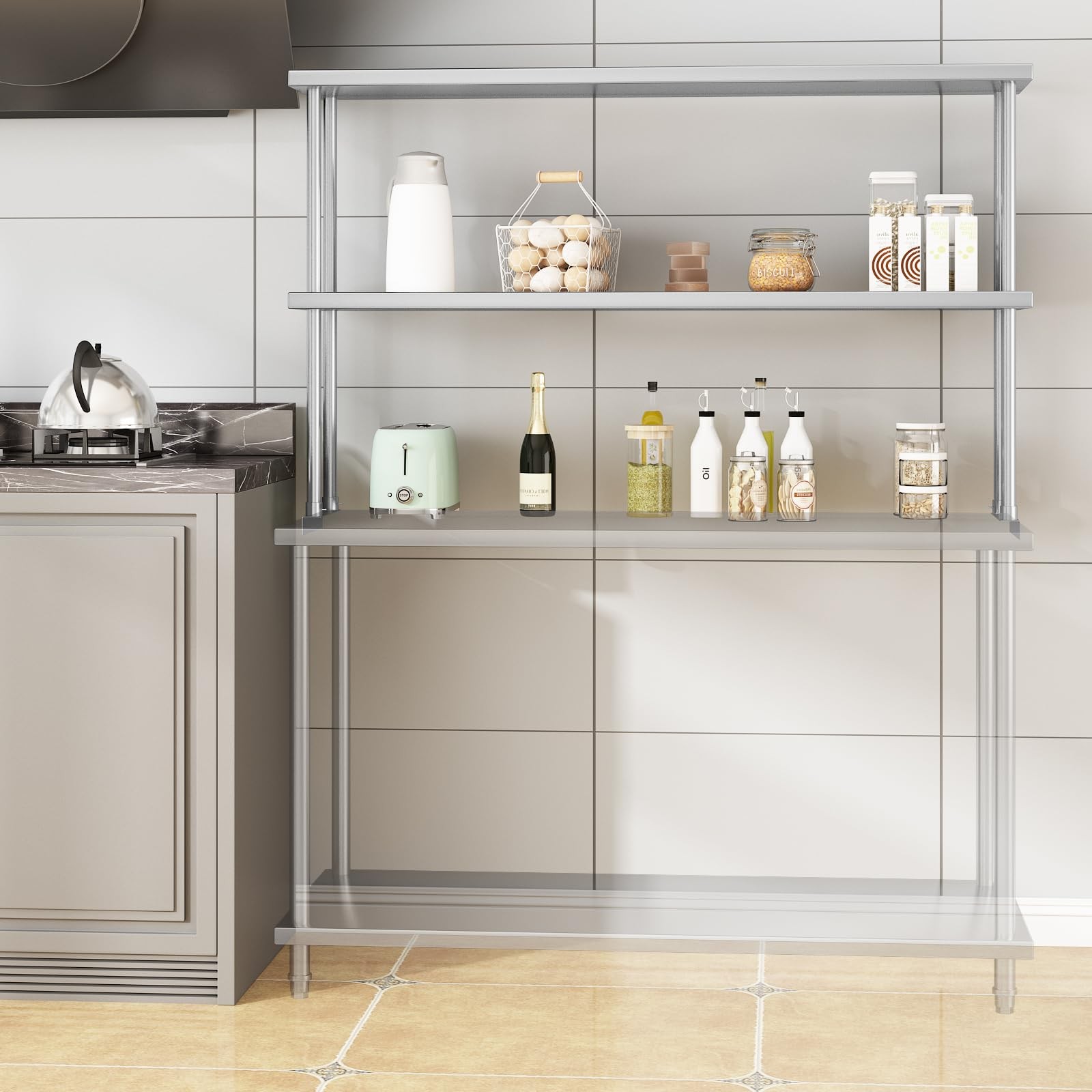 60x12x37 in Stainless Steel Overshelves 2-Tier Heavy Duty Adjustable Shelves