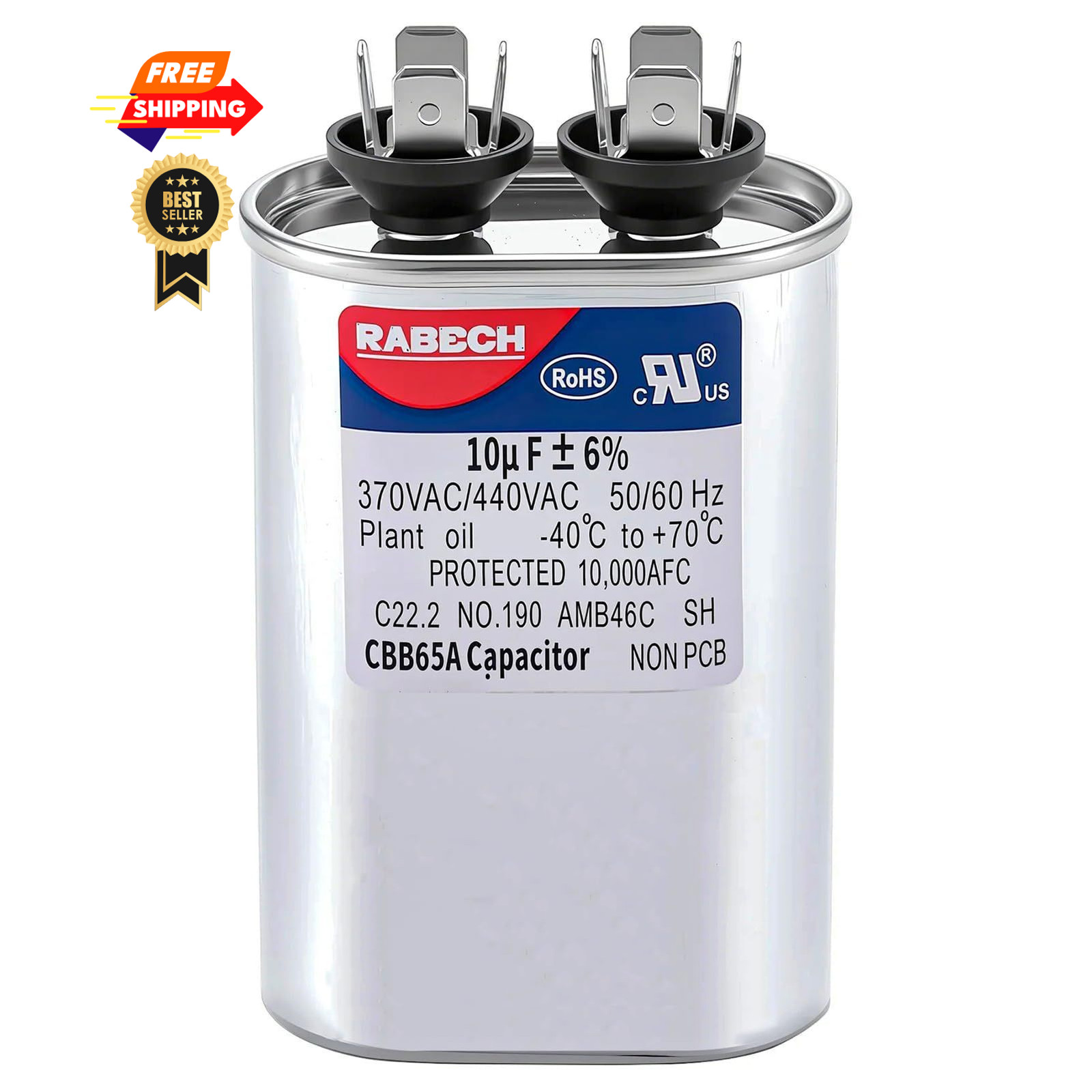 RABECH 10uF 10MFD CBB65A Oval Run Start AC Capacitor 10 uF MFD CBB65