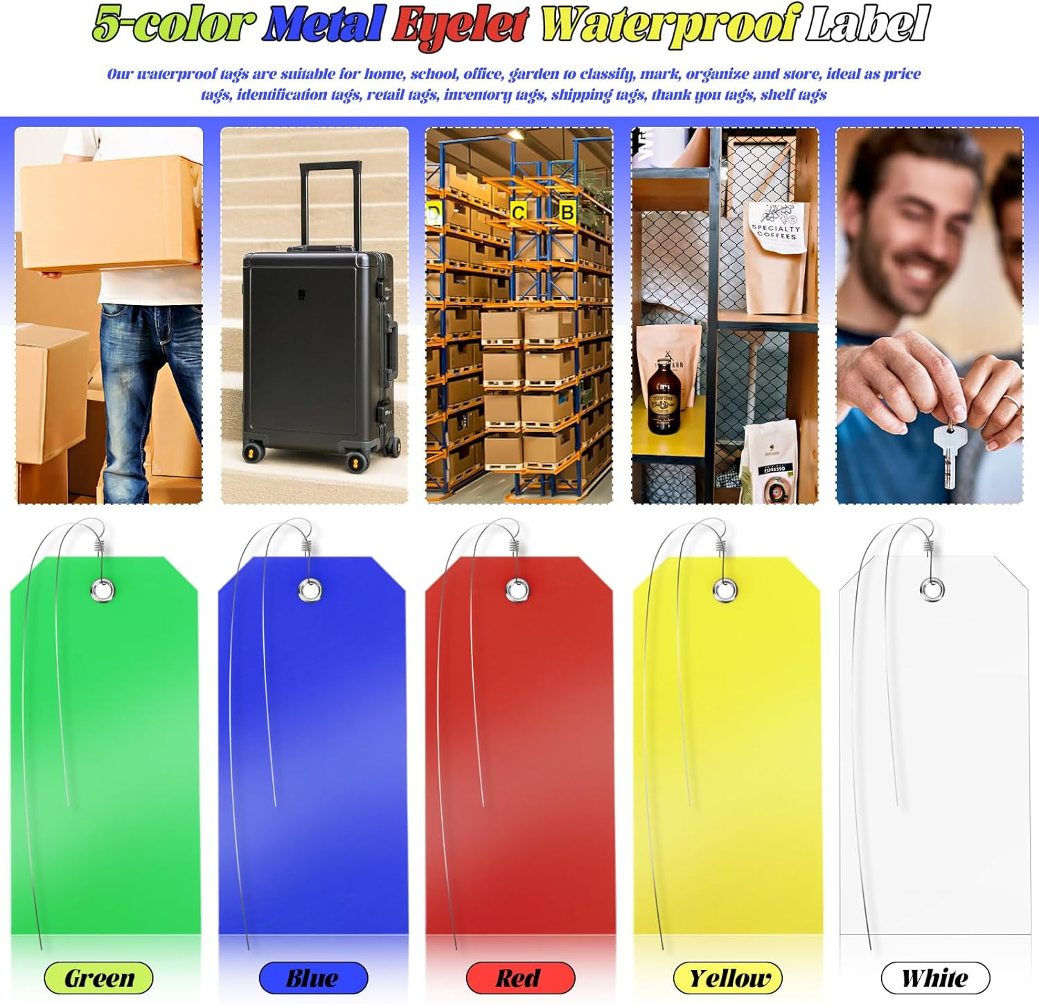 100 Sets Plastic Shipping Tags with Wire, 5 Colors Metal Eyelet Waterproof Tags
