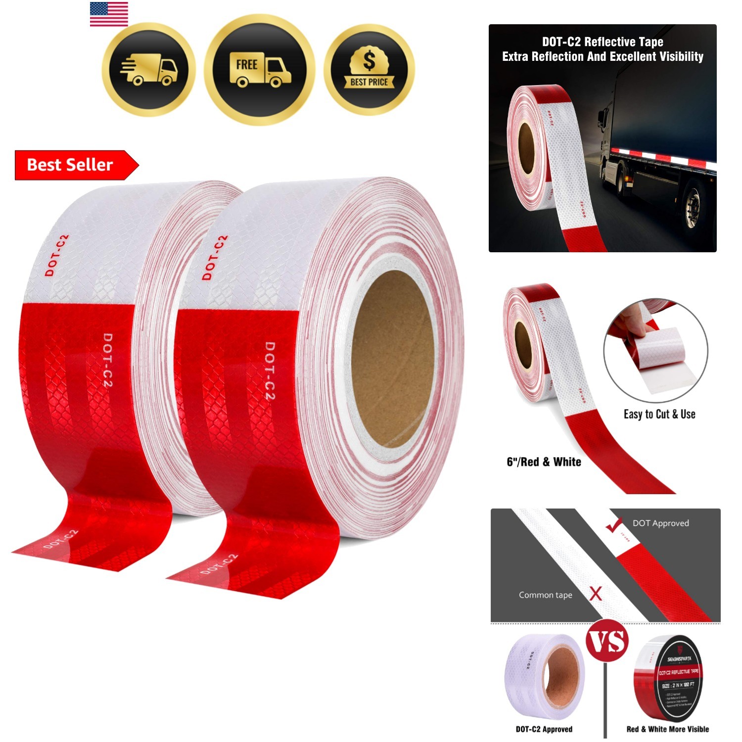 DOT-C2 Reflective Safety Tape 2 Inch x 200 Feet Red/White Conspicuity Tape fo…