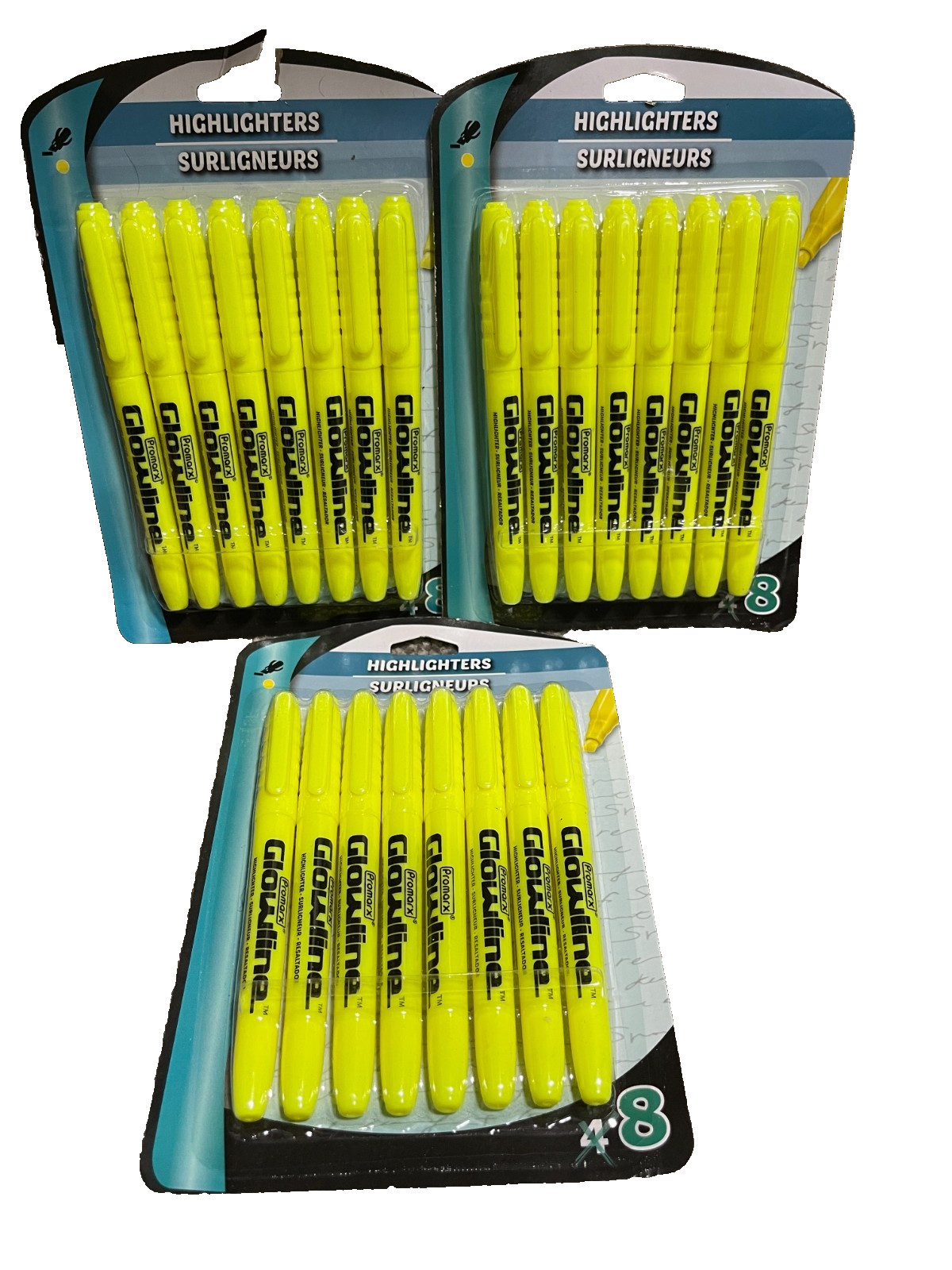 LOT OF 3 Promarx Glowline Highlighters, 8 ct/Pack Classic Yellow Highlighters