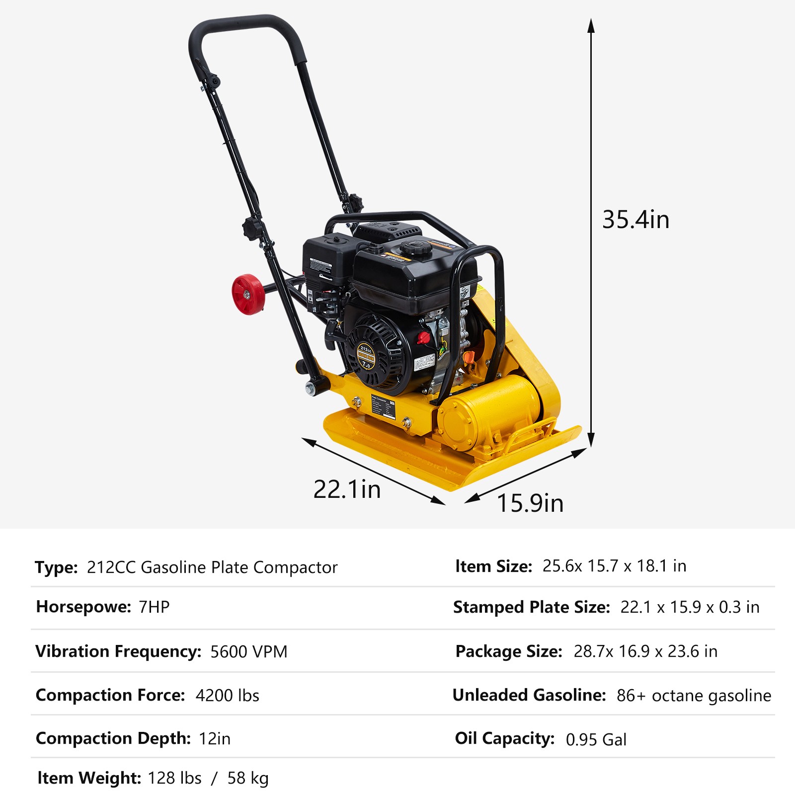 7HP Plate Compactor Rammer 212CC Gas Engine 4200lbs Vibratory Compaction Tamper