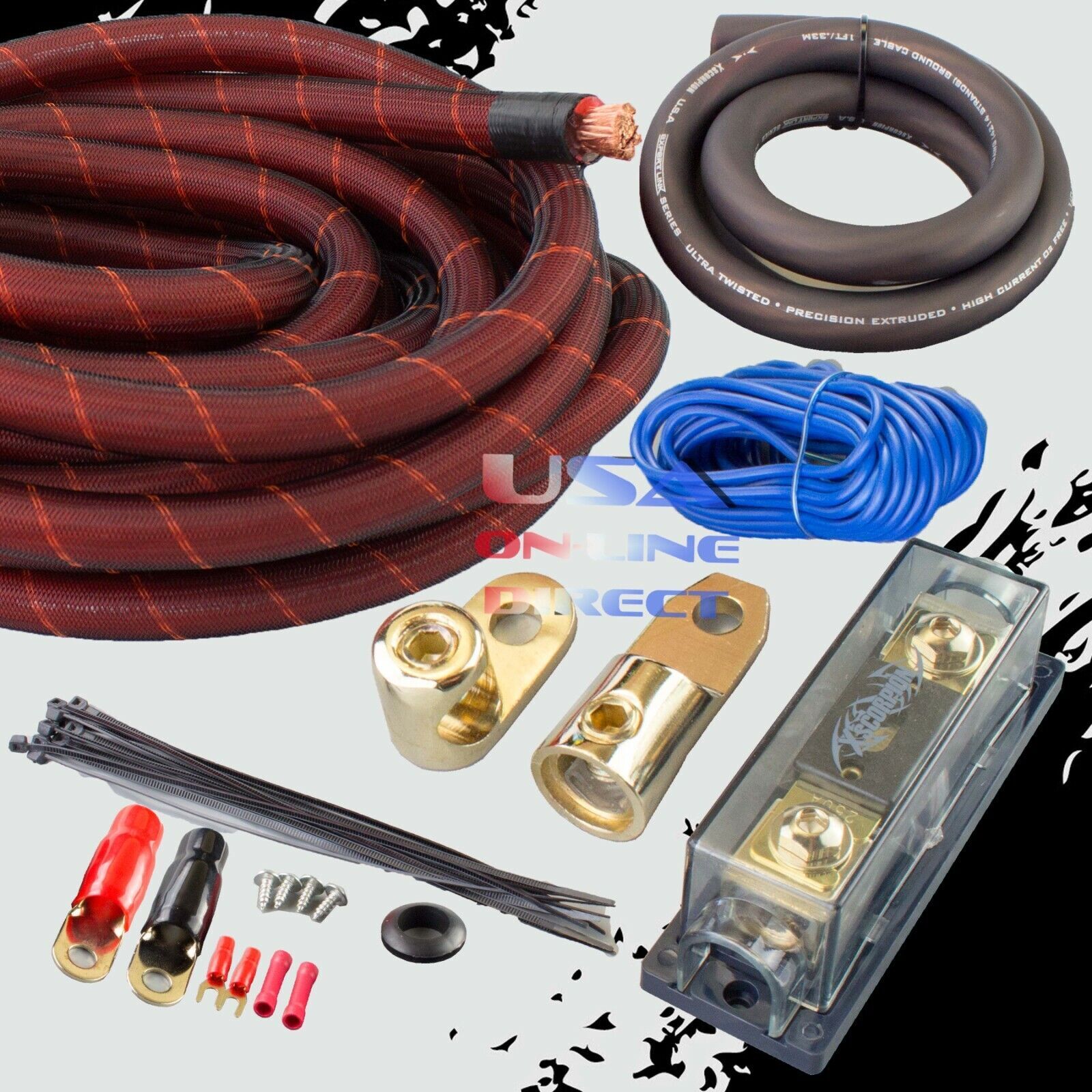 1/0 GAUGE BRAIDED SLEEVING AWG 100% OFC COPPER AMPLIFIER WIRING INSTALL KIT LOT
