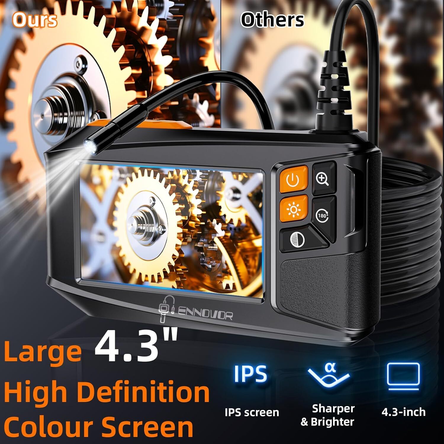 Industrial Borescope Camera – 8 Adjustable LEDs, Semi-Rigid Cable for Mechanics