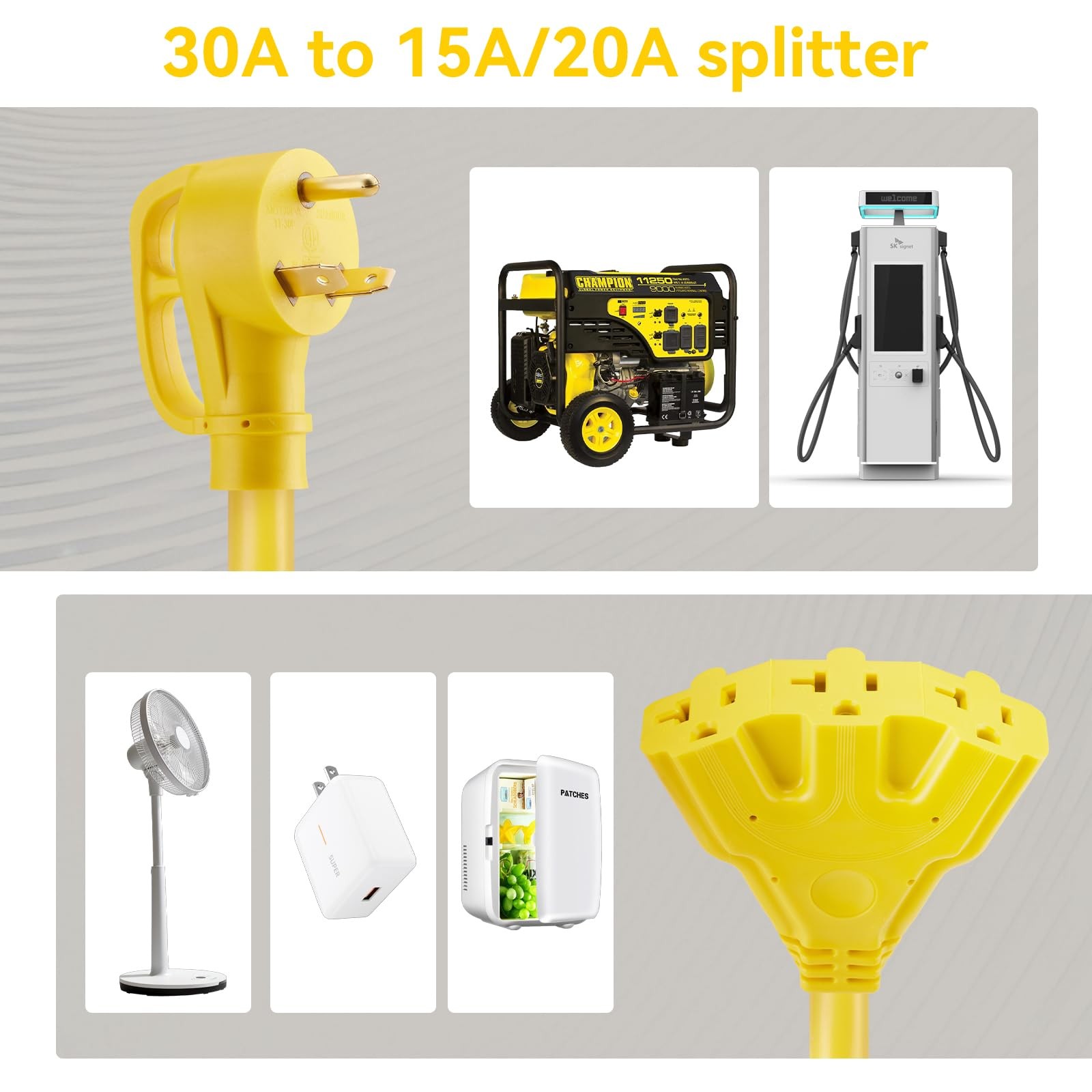 30 Amp to 110 Adapter Cord with 3 Way Splitter