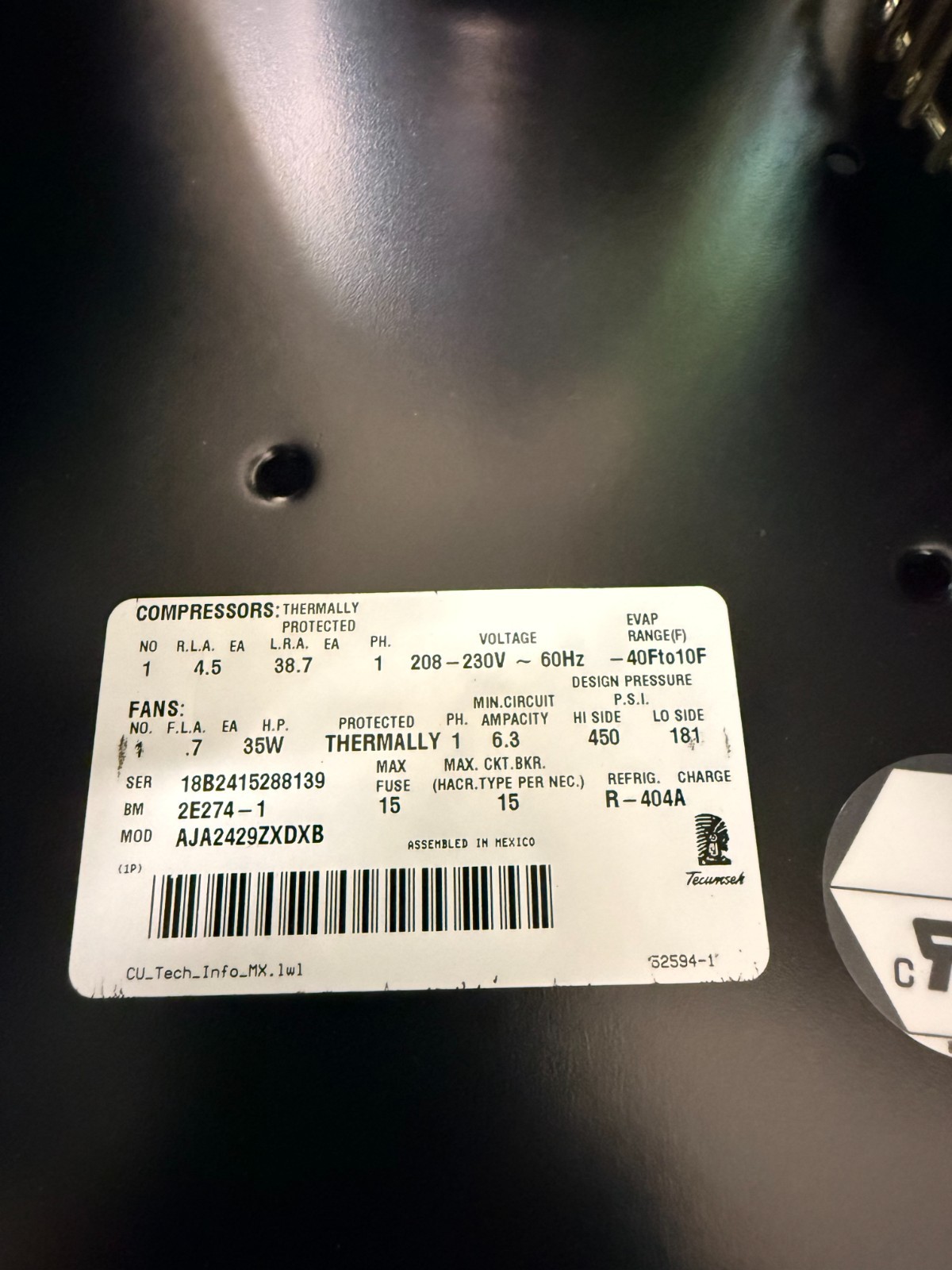 OMNITEAM/TECUMSEH COND-UNIT-AJA2429-ZXDXB 208.V-1 PH-1/2-HP- R404A- INDOOR- NEW