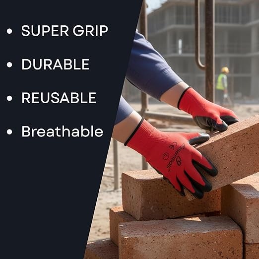 Safety Work Gloves Bulk Nitrile Red Coated Durable, Washable, Reusable Men Women
