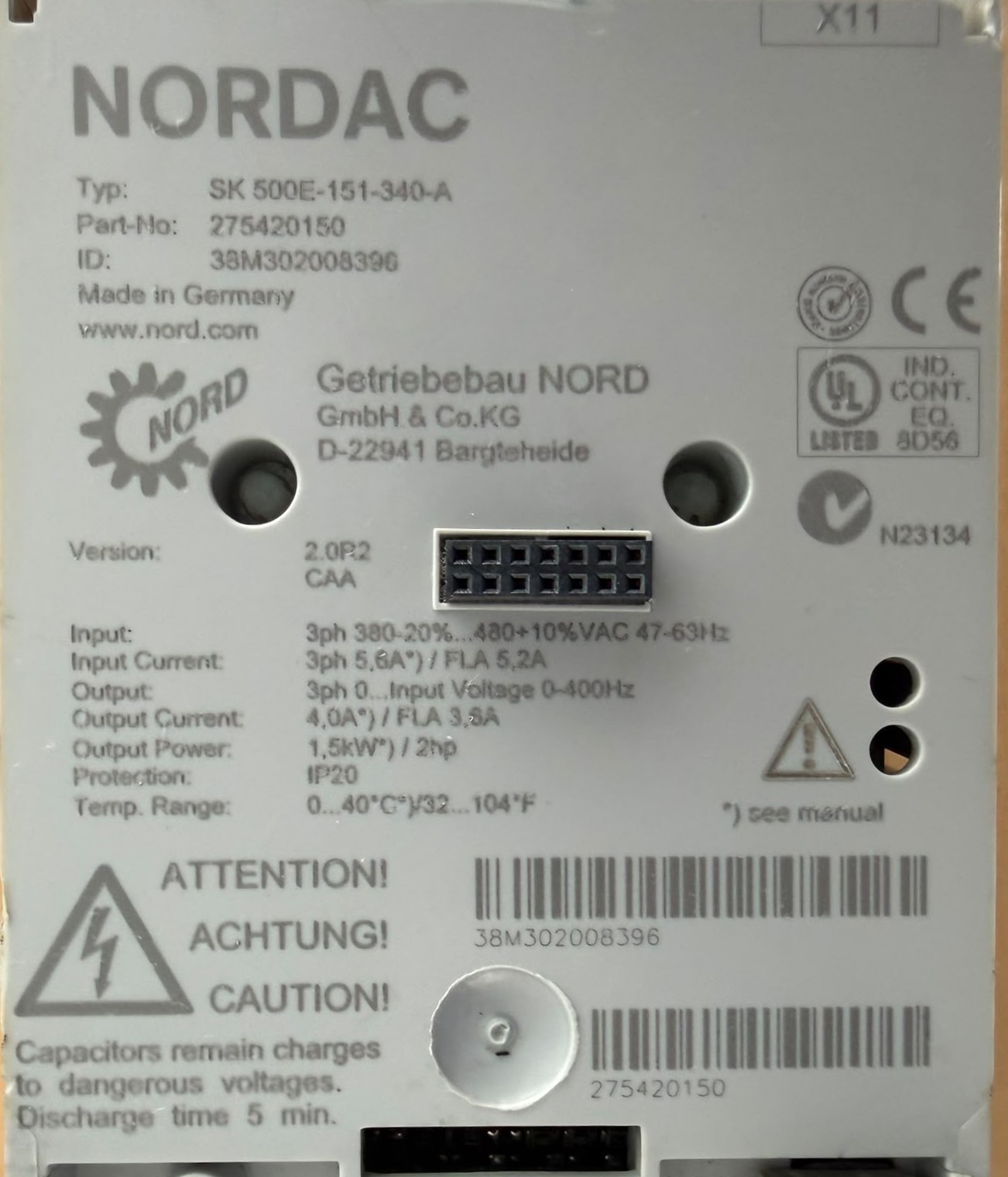 Nordac SK 500E-151-340-A Variable Frequency Drive 275420150
