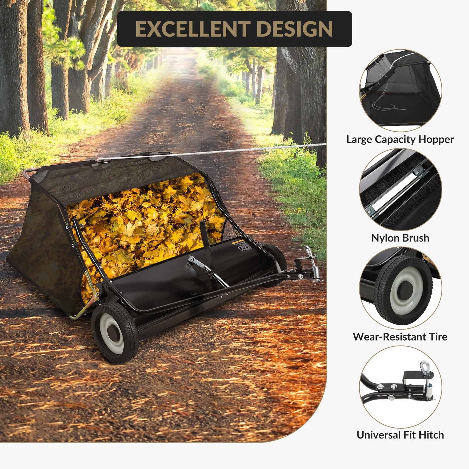 48″ Tow Behind Lawn Sweeper Leaf Collector Sweeper for Lawn Grass Sweeper Hopper
