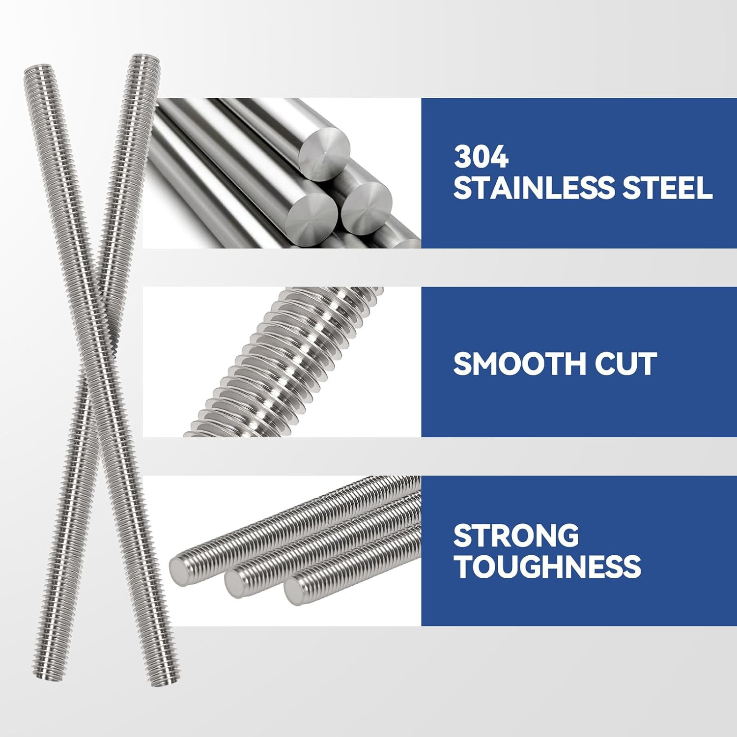 8 Pcs 304 Stainless Steel M10 Fully Threaded Rod,12″(305mm) Long Threaded Rod,Ri