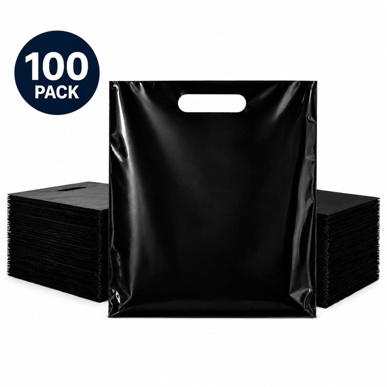 Purple Q Crafts 100 Pack Black Plastic Merchandise Bags with Die Cut Handles, 15