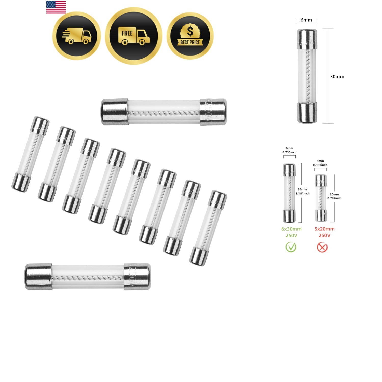 10Pcs T2.5AL250V 6x30mm 2.5A 250V Slow Blow Fuse T2.5AL Glass Slow-Acting 2.5…