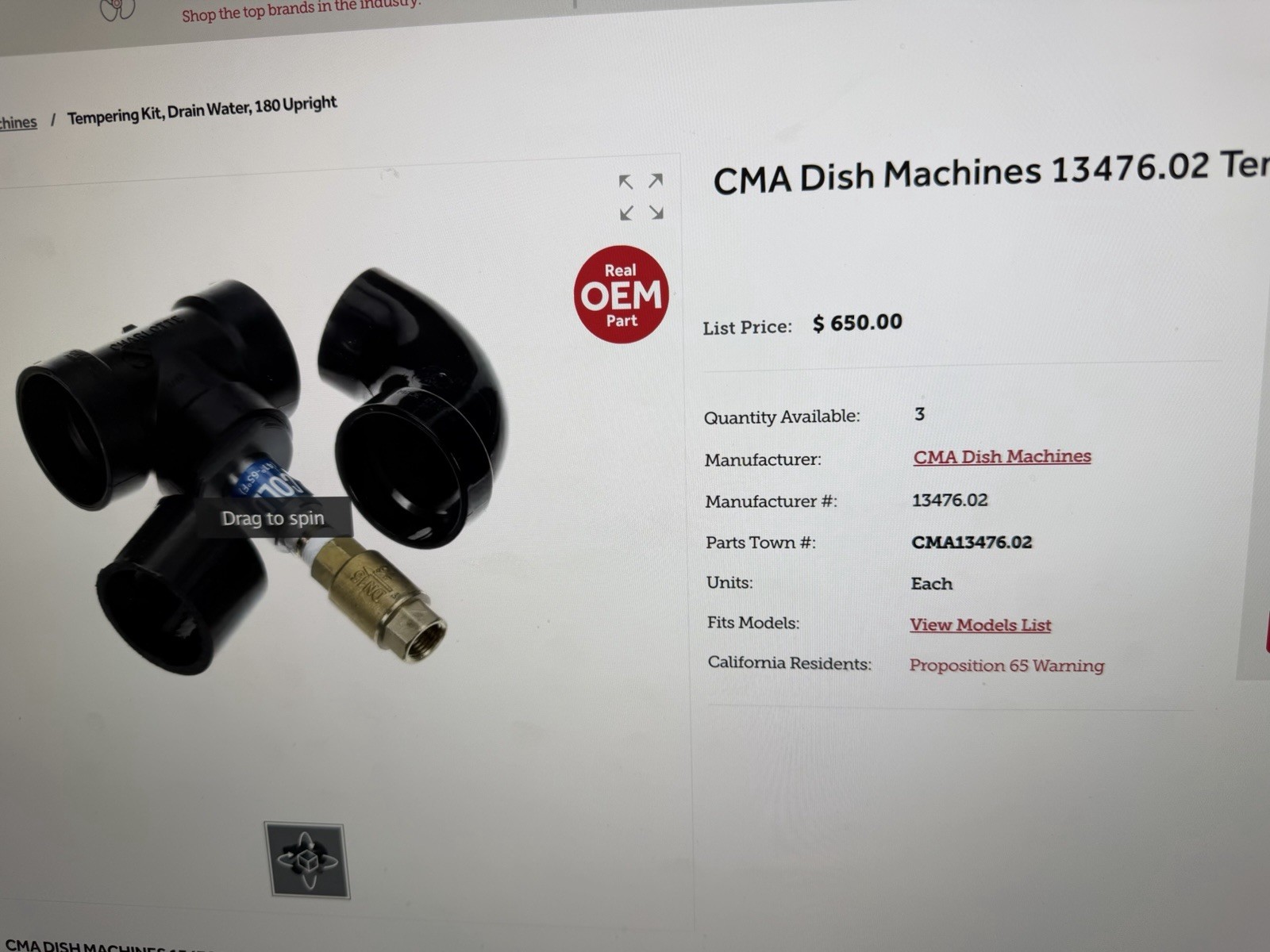 CMA Dish Machines 13476.02 Tempering Kit, Drain Water, 180 Upright RETAIL $650