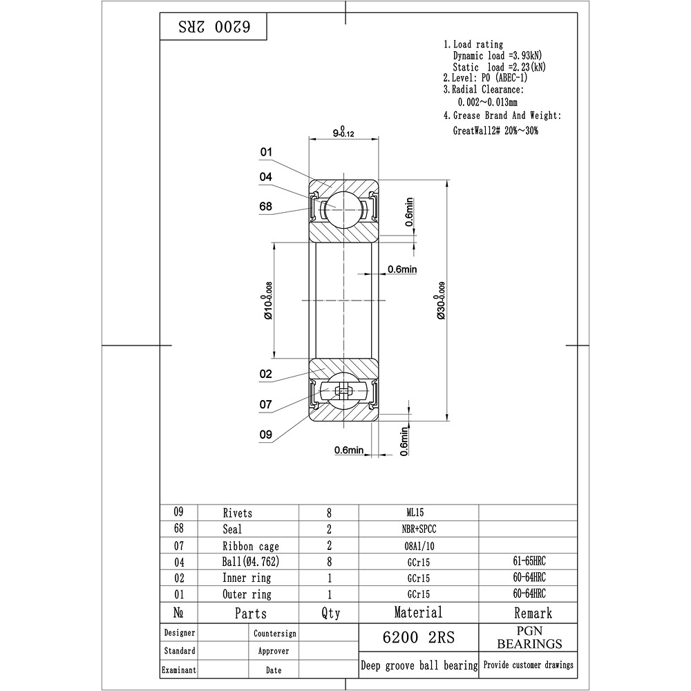(10) 6200-2RS Premium Rubber Seal Ball Bearing C3 EMQ, 10x30x9, 6200 2RS 6200rs