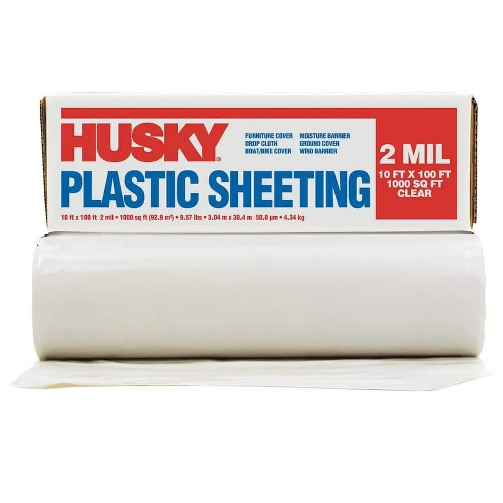 HUSKY Plastic Sheeting 10′ x 100′ Heavy Duty Recycled Polyethylene Clear 2 mil