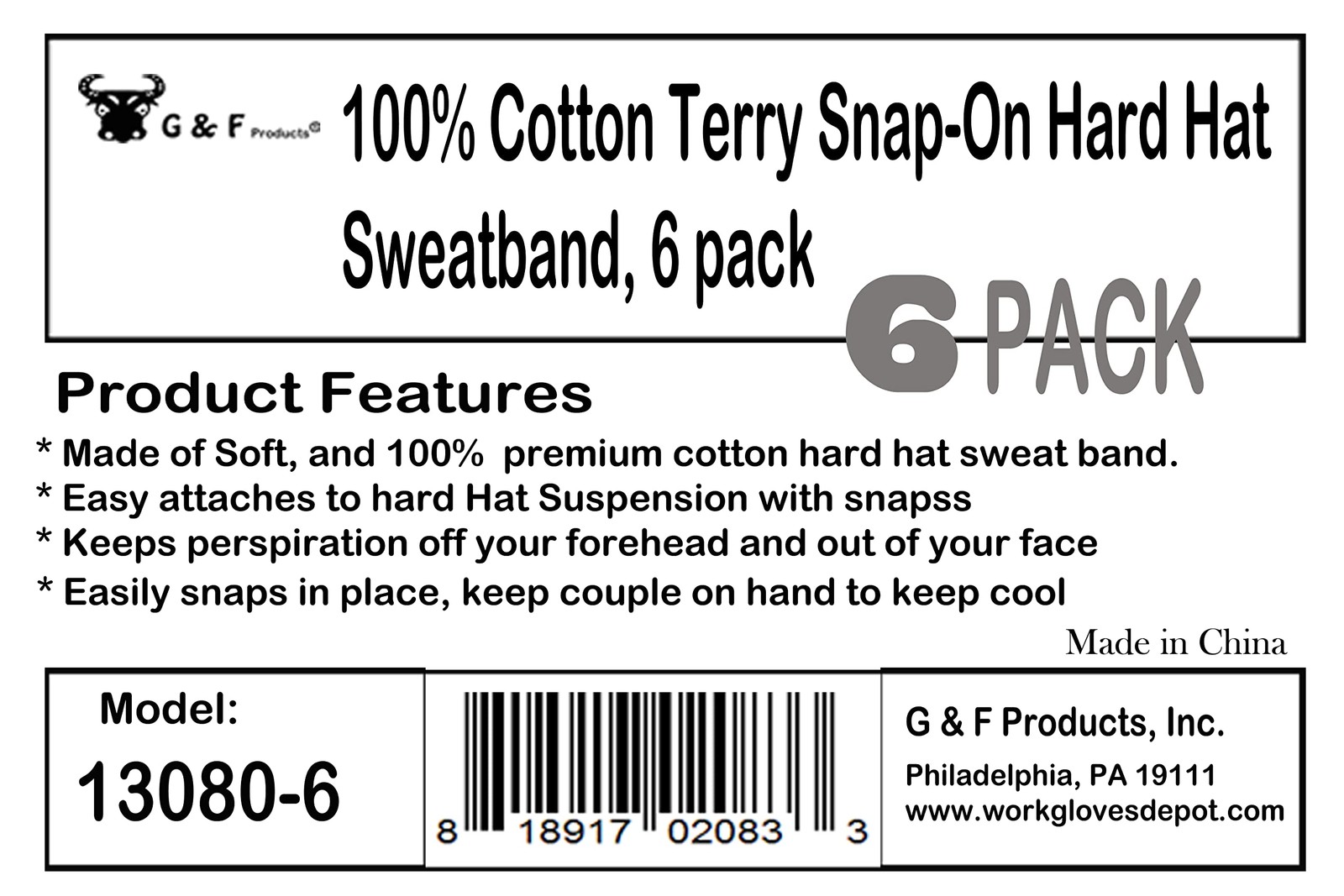 Hard Hat Sweatband 6-pack 100% Cotton Durable Stitching Washable Blue Fits Most