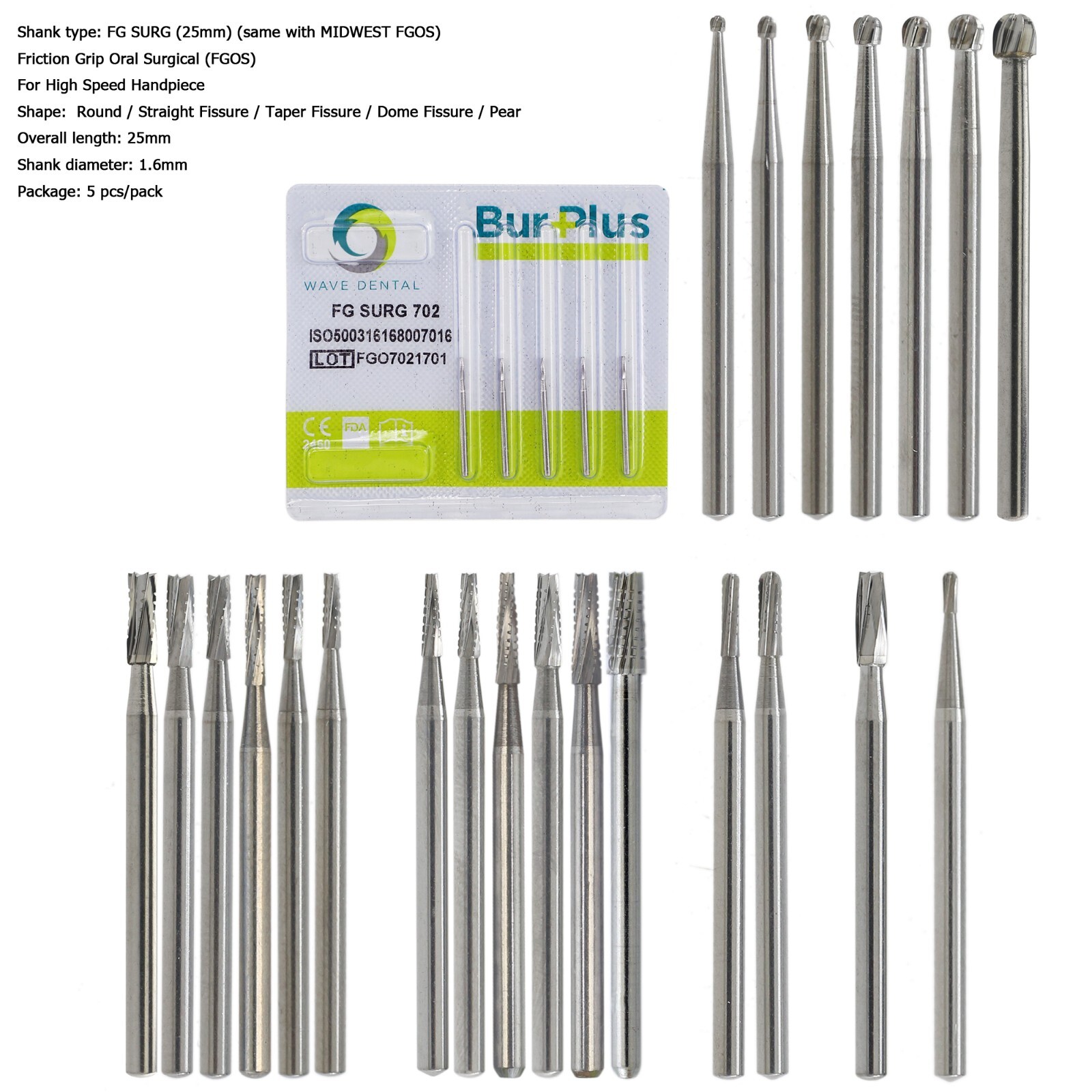 Wave Dental Surgical Carbide Burs Round 557 557L 702 4 6 Long High Speed FG 25mm