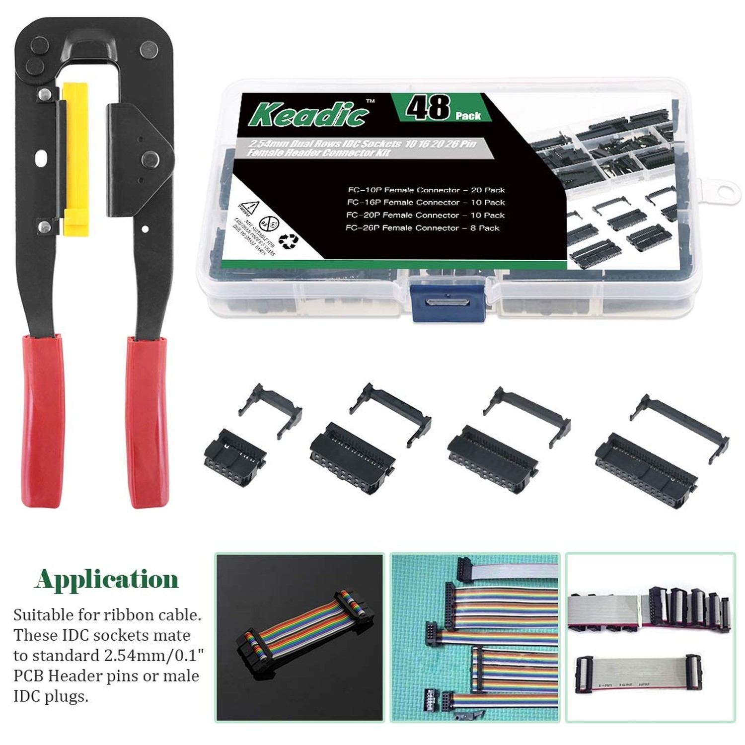 49-Piece IDC Cable Connector Kit with Crimping Tool Flat Ribbon Cable Connectors
