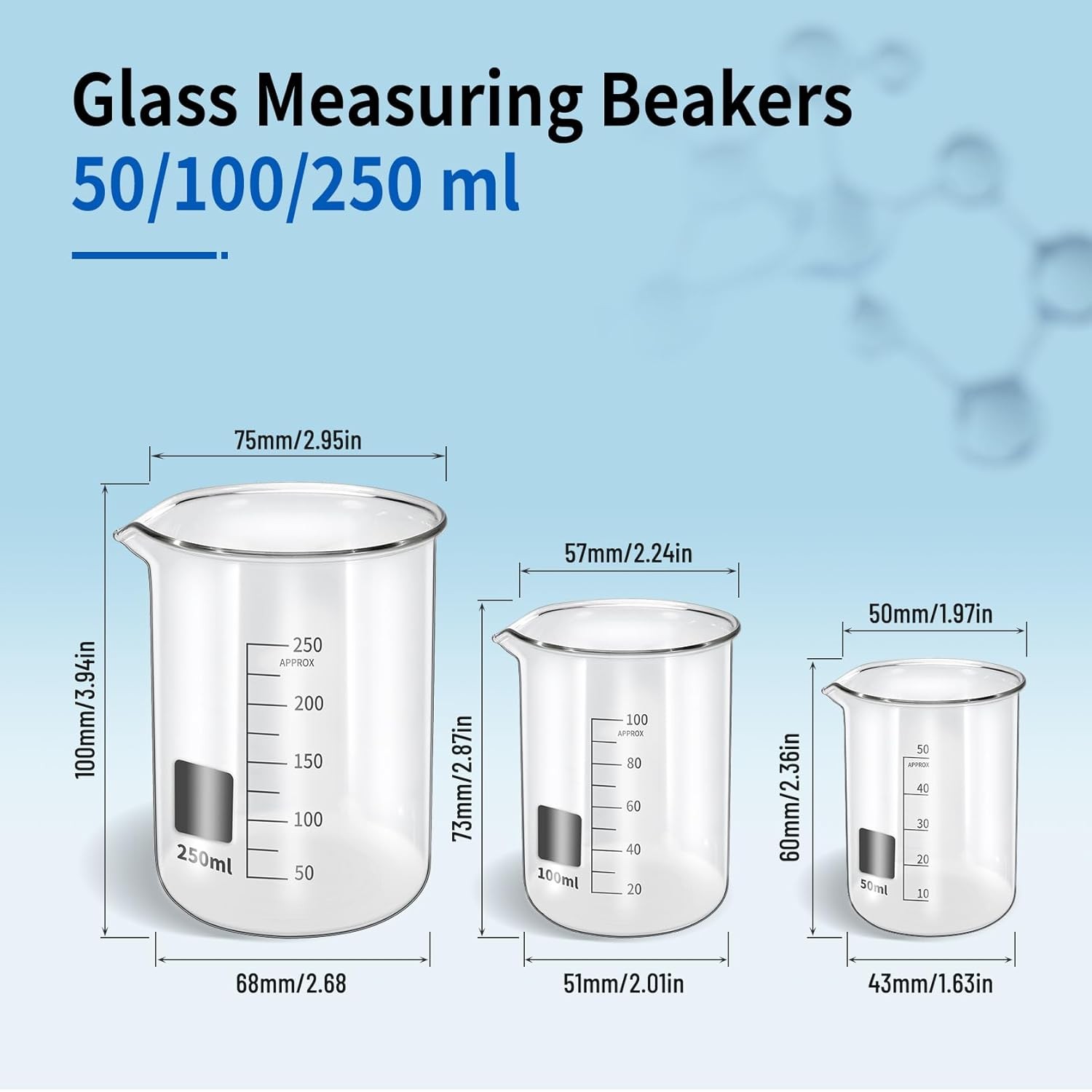 Lab Glassware Set, 9 Pieces – 3 Measuring Beakers, 3 Flasks, 3 Graduated Cylinde