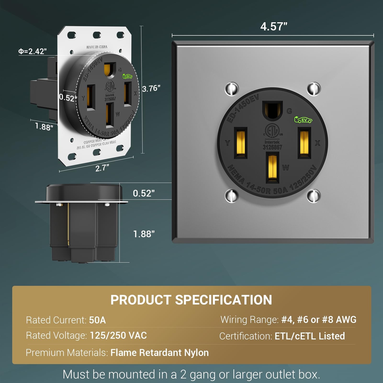 EPLESFTON Nema 14-50 EV Outlet with Wall Plate Included, Black