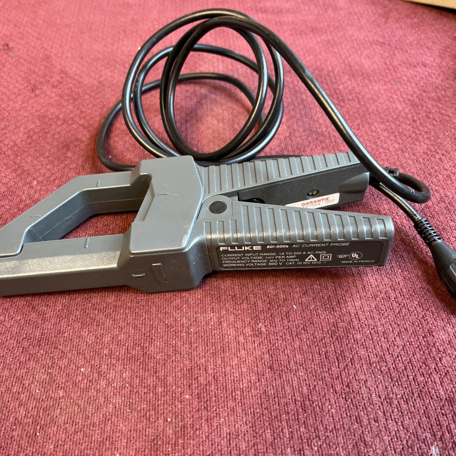 Fluke 80i-500s AC Current Clamp Probe 1A to 500A RMS 5Hz TO 10kHz 600V Cat III