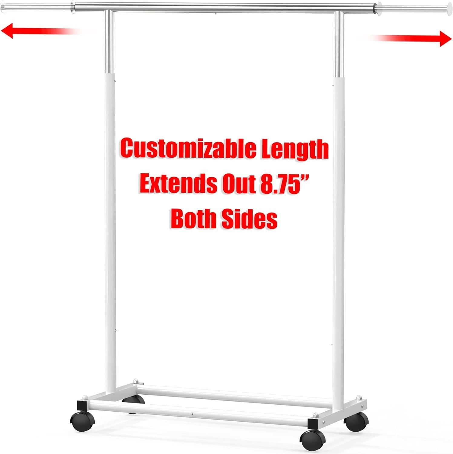 Extendable Clothing Rack with Rolling Wheels, Adjustable Width 30 to 47 Inches