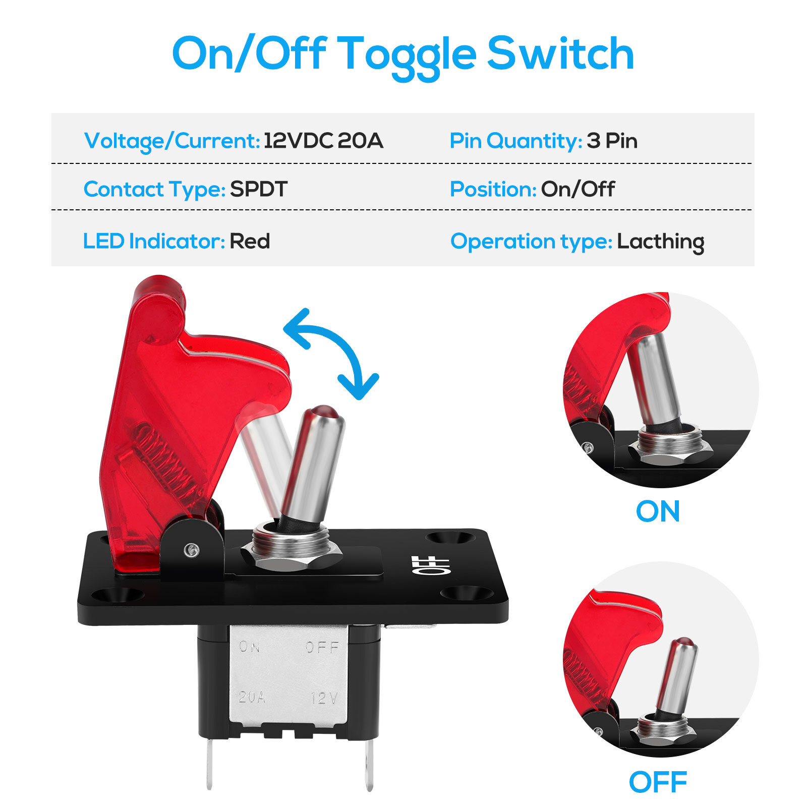 LED Lighted Toggle Switch with Aircraft Guard Safety Flip Cover 12V DC 20A SPST