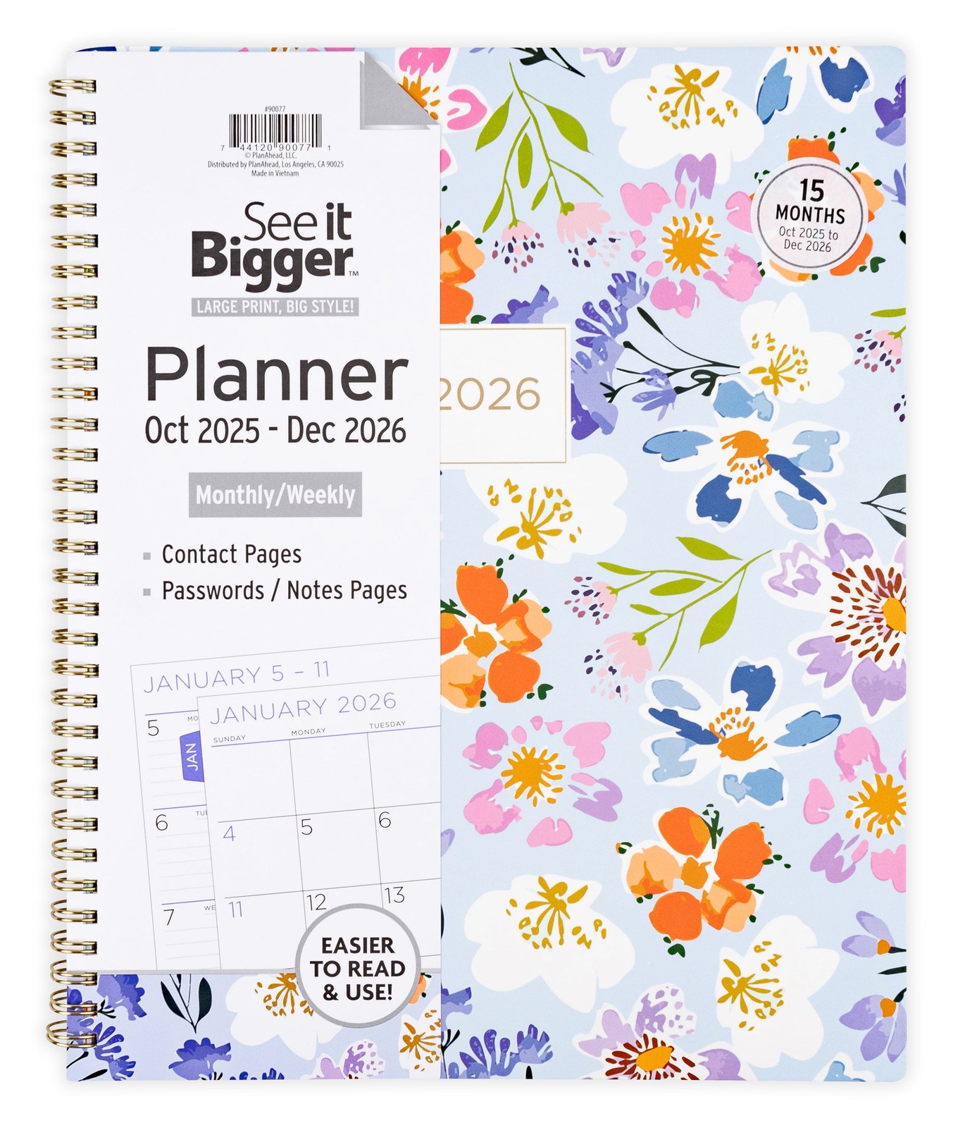 See it Bigger Monthly Weekly Planner Large (9″x 11″) Oct 2025 -Dec 2026