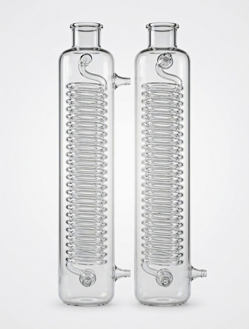 Lot of 2 Glass Coil Condensers with Hose Barbs for Chemical & Physical Lab