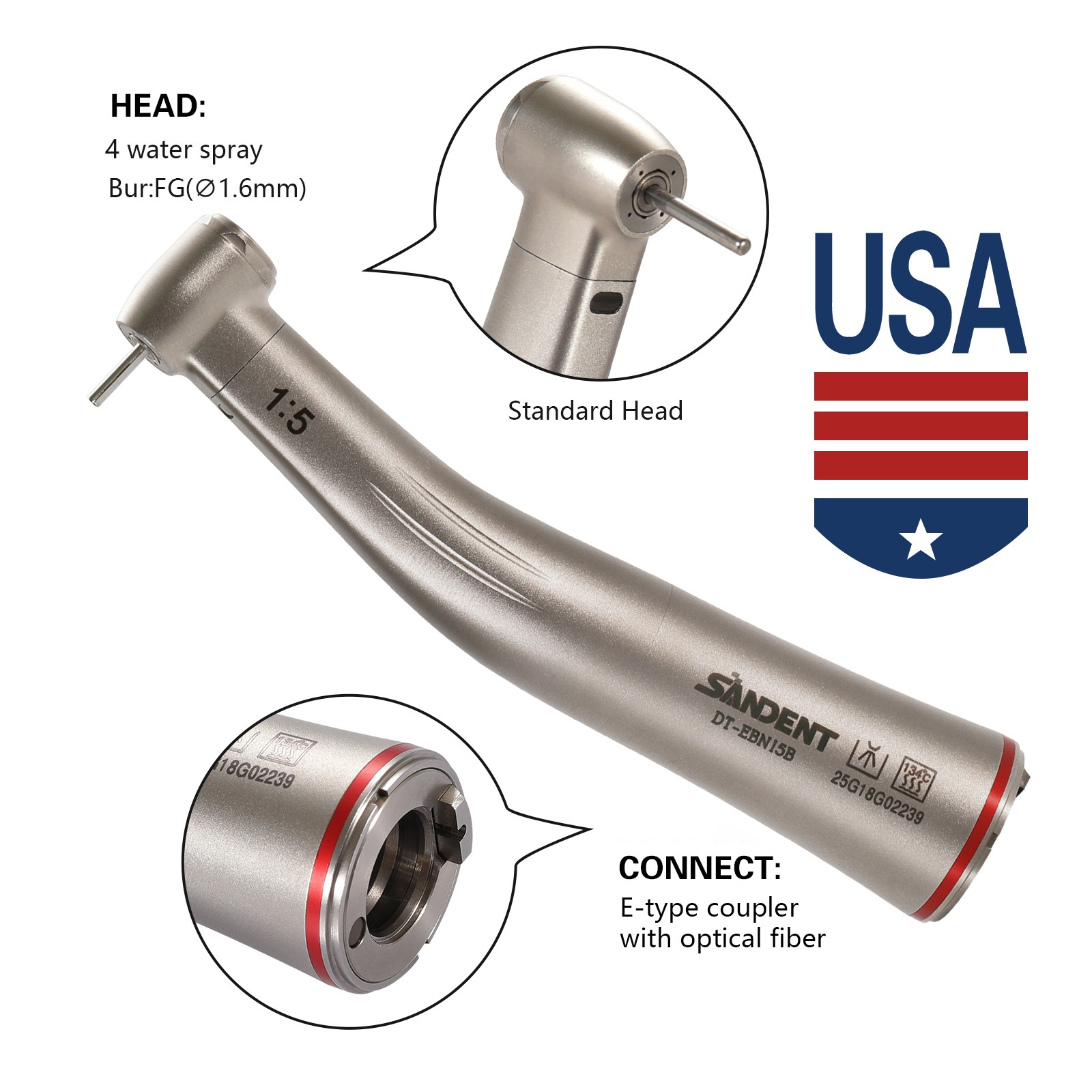 Dental 1:5 Contra Angle Fiber Optic LED Low Speed Handpiece Standard Head