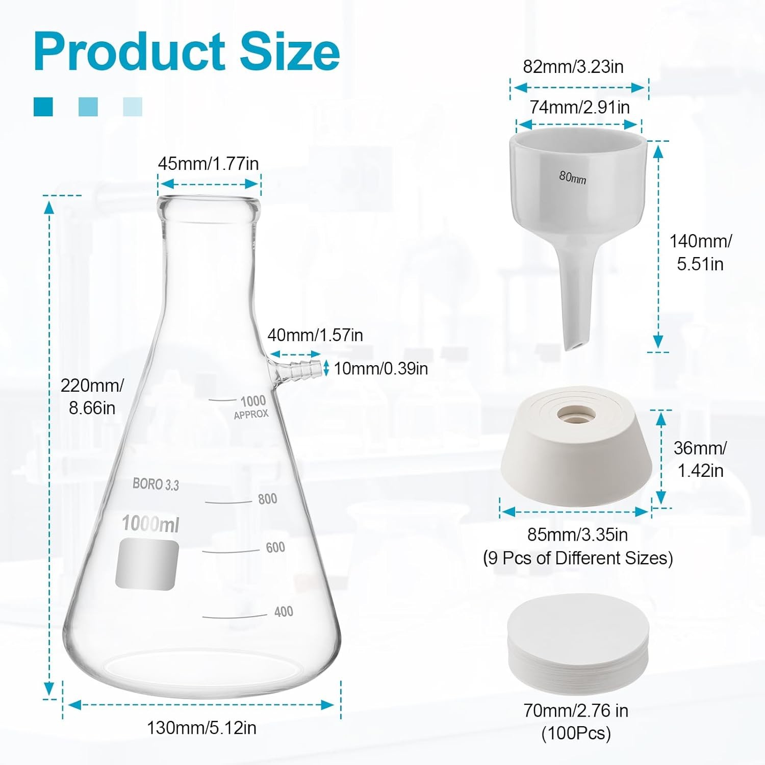 1000ml Buchner Funnel Filtering Kit w/Flask Funnel Ceramics Buchner Funnels 80mm