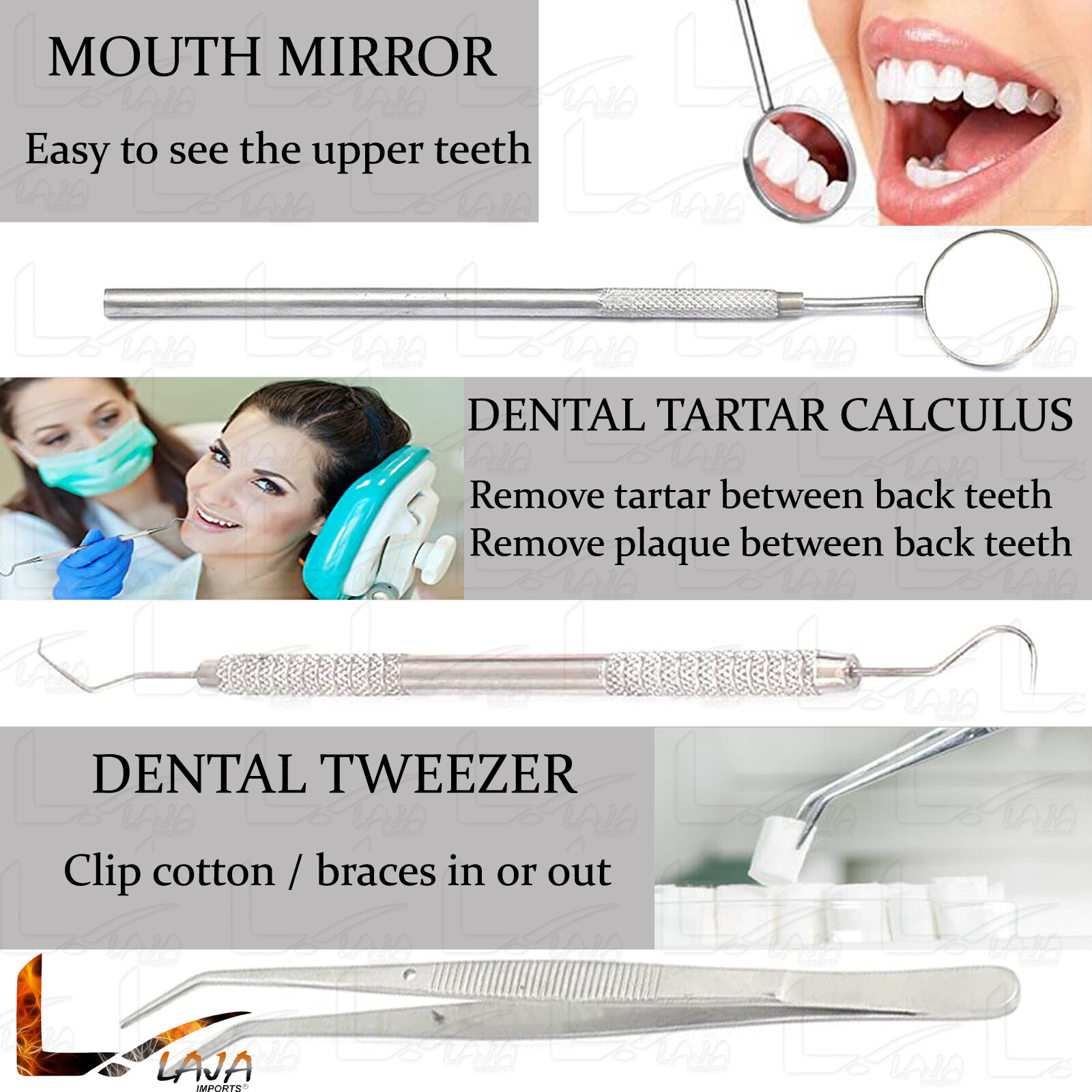 3 Pcs Dental Examination Kit Basic Hygiene Tweezer Mirror Explorer Cleaning Tool