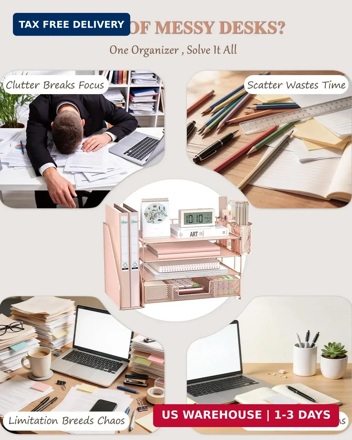WALI Desk File Organizer, 4 Tier Desktop Paper Letter Tray Organizer with Drawer