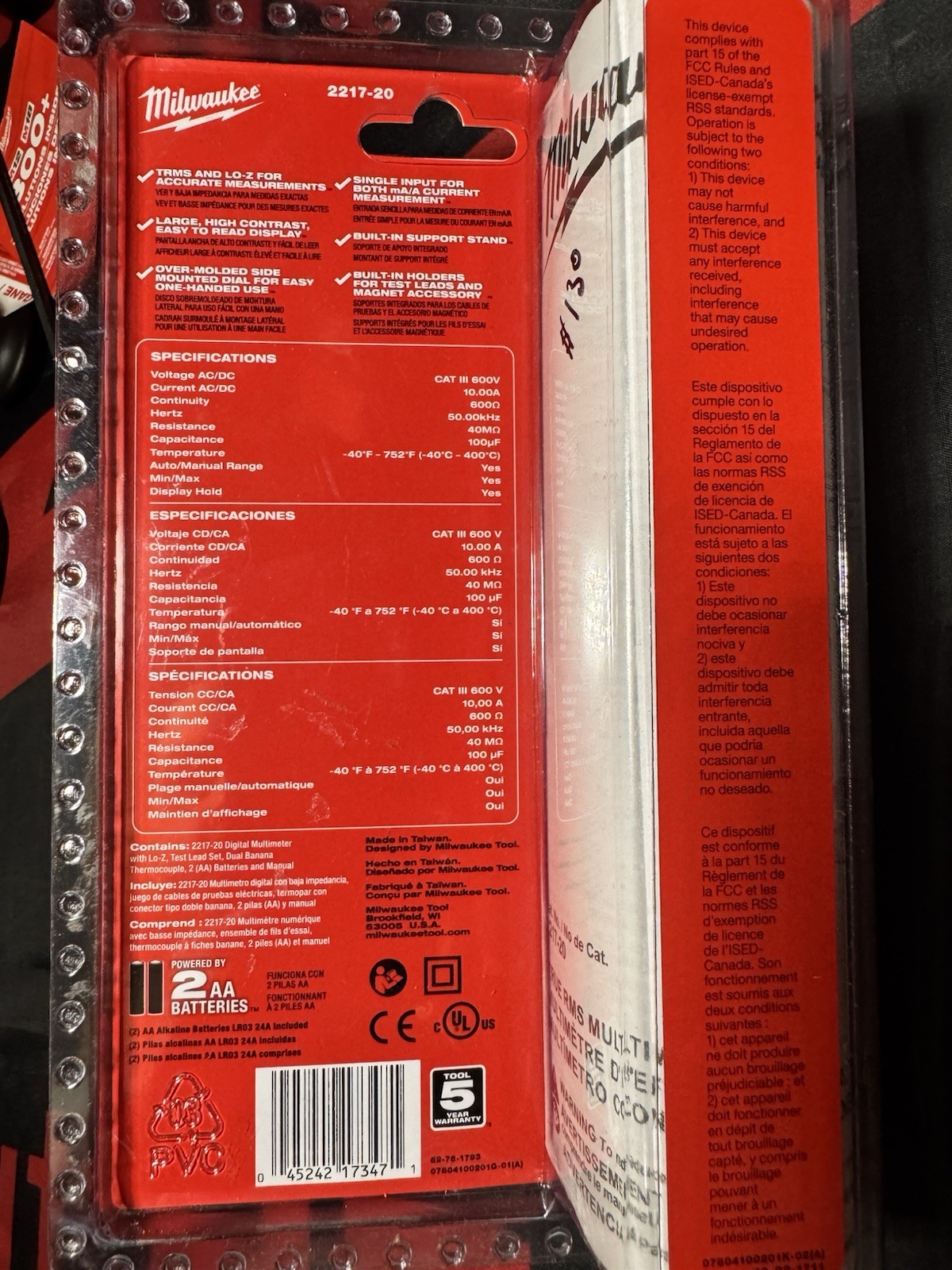Milwaukee 2217-20 Digital Multimeter TRMS Auto-Ranging CAT III 600V 10A 50MΩ