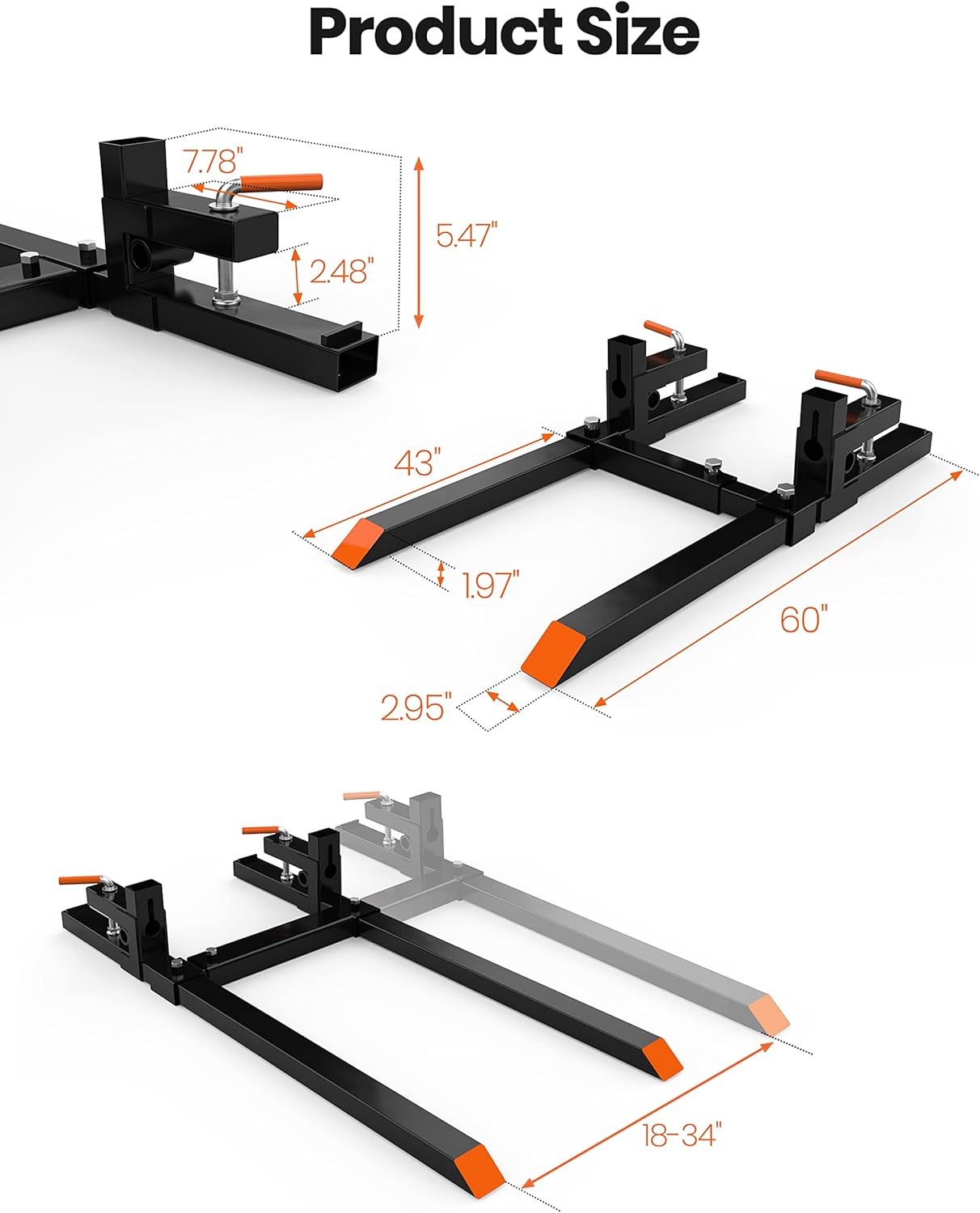 2000Lbs/4000Lbs 43/60″ Tractor Clamp On Pallet Forks Bucket W/ Stabilizer Bar US