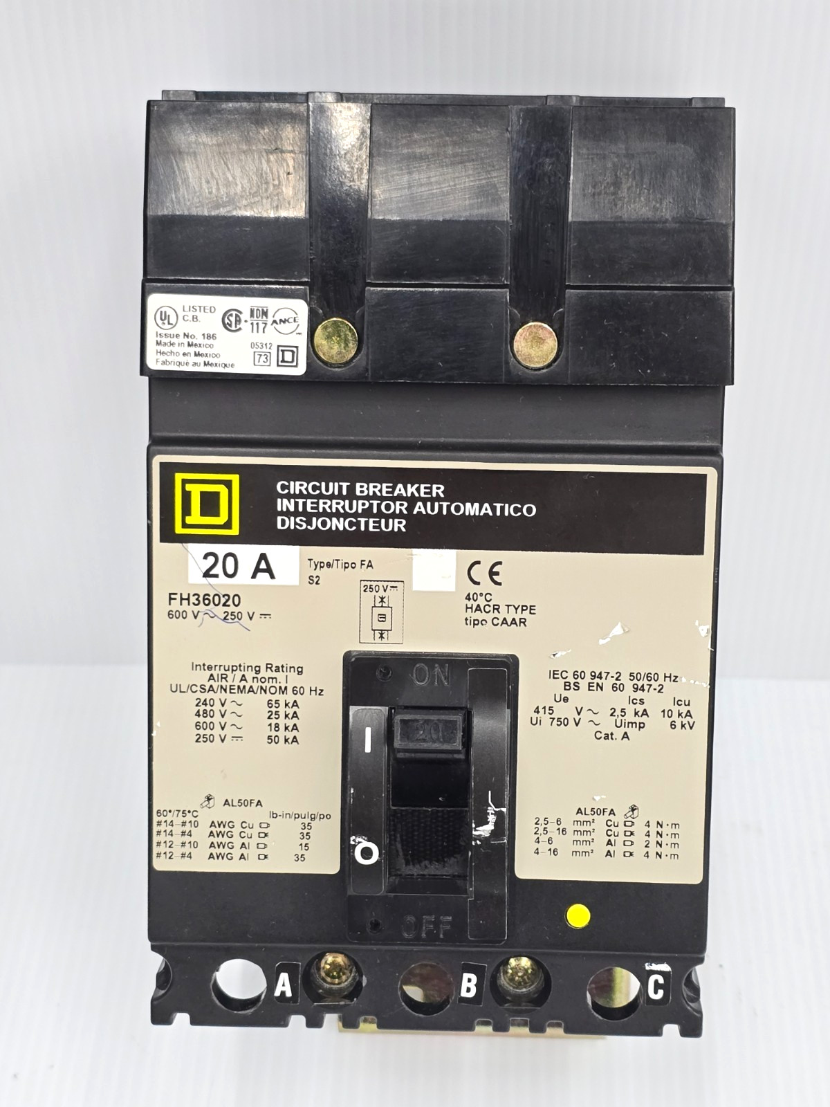 Square D 20 Amp I-Line Circuit Breaker 600 VAC 3 pole 65 kA FH36020