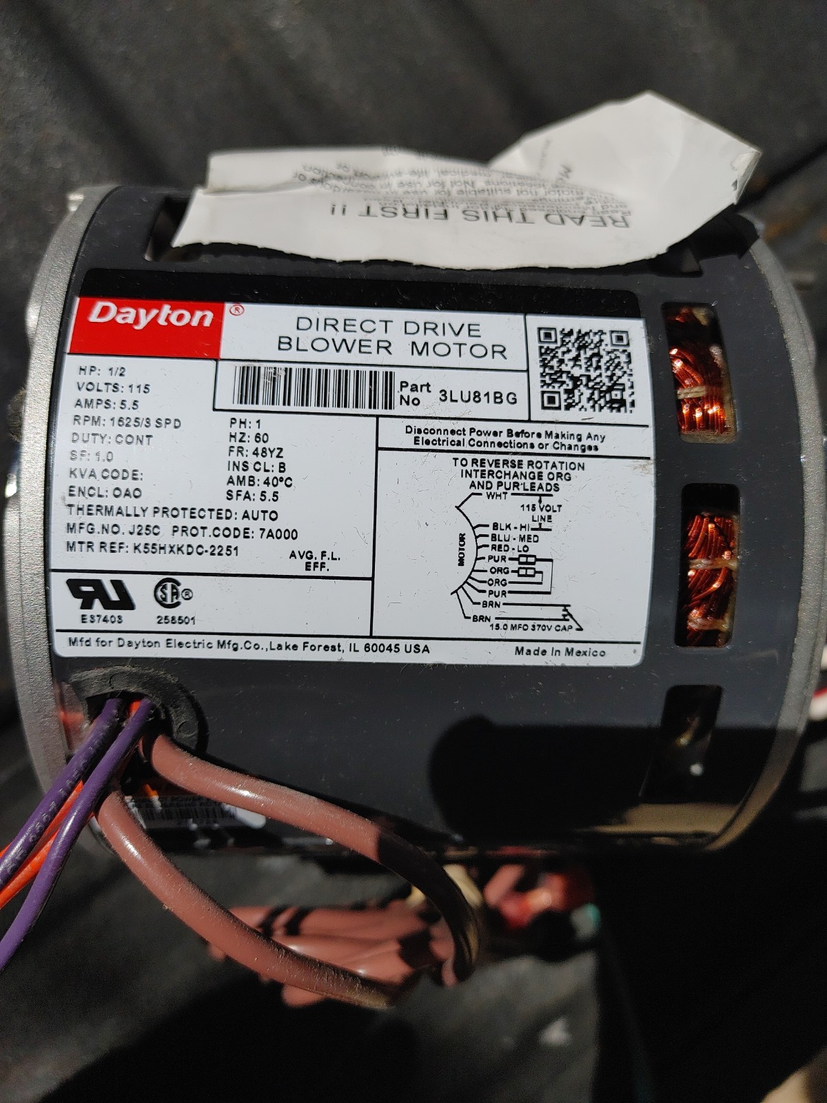 DAYTON 3LU81BG Motor,1/2 HP,1625 rpm,48YZ,115V 3LU81BG BRAND NEW IN BOX
