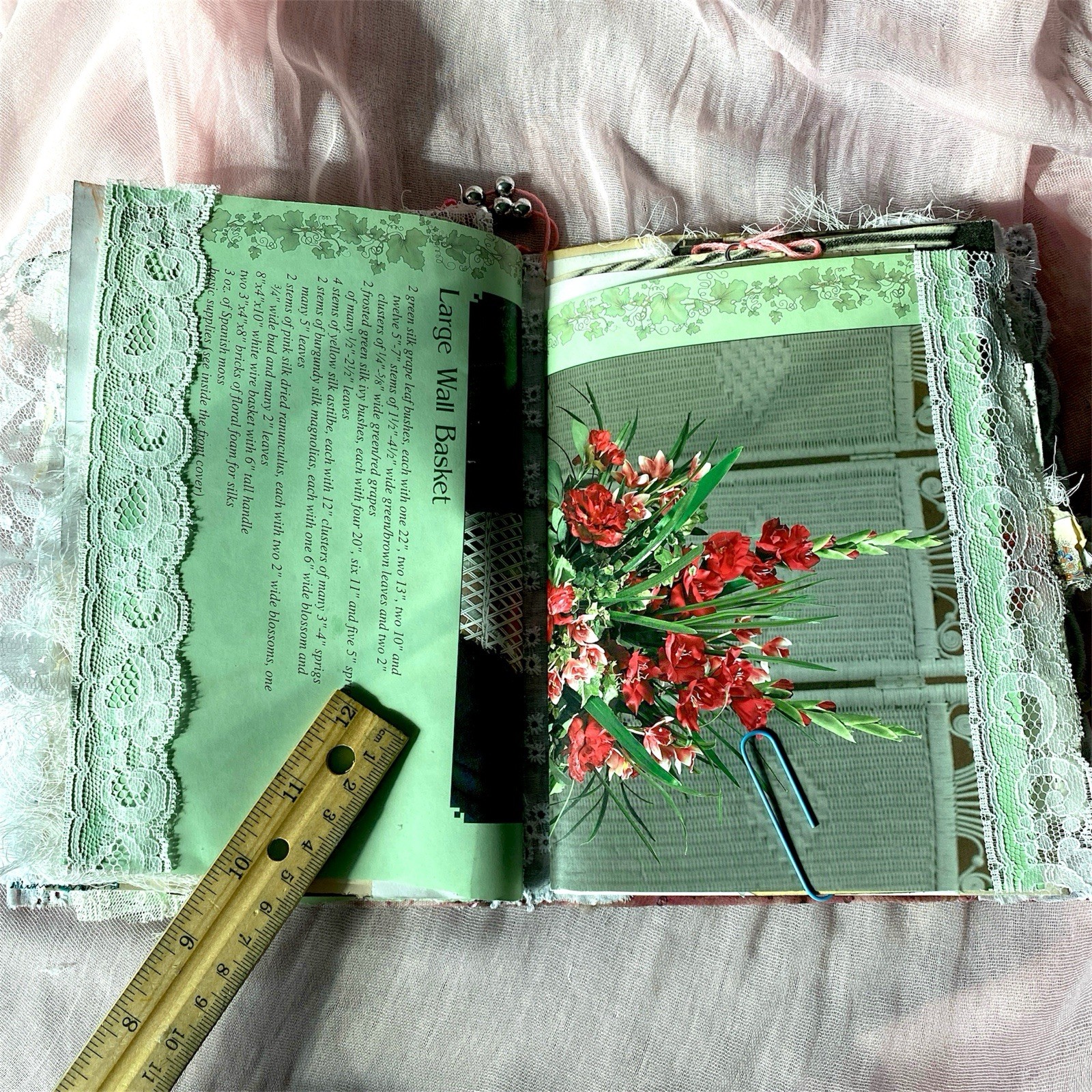 Handmade Vintage Silk Fabric Junk Journal Book Romantic Floral 2 Signatures Lace