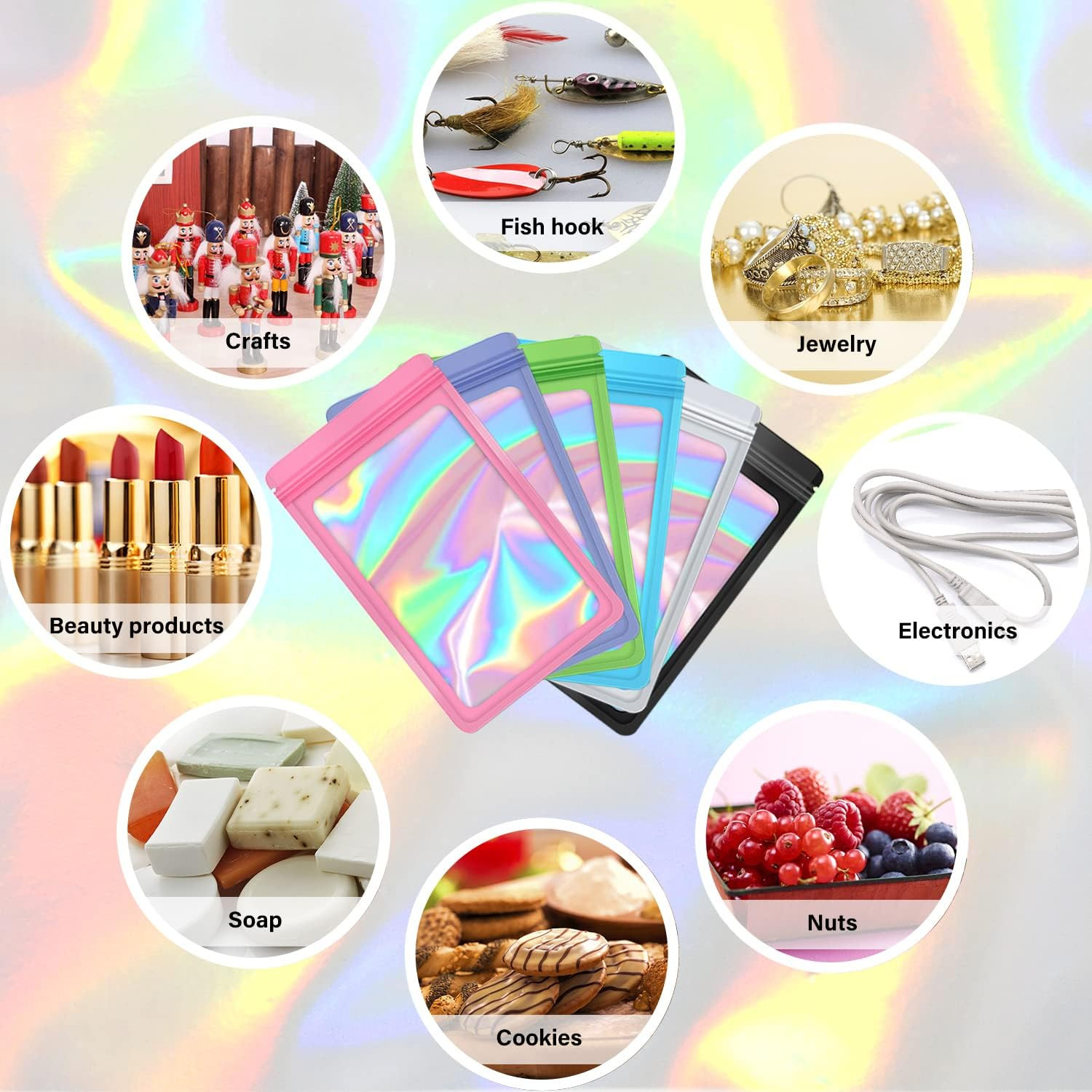100-Pack Mylar Bags Resealable Sealable Holographic Zip Bag Jewelry Candy Sample