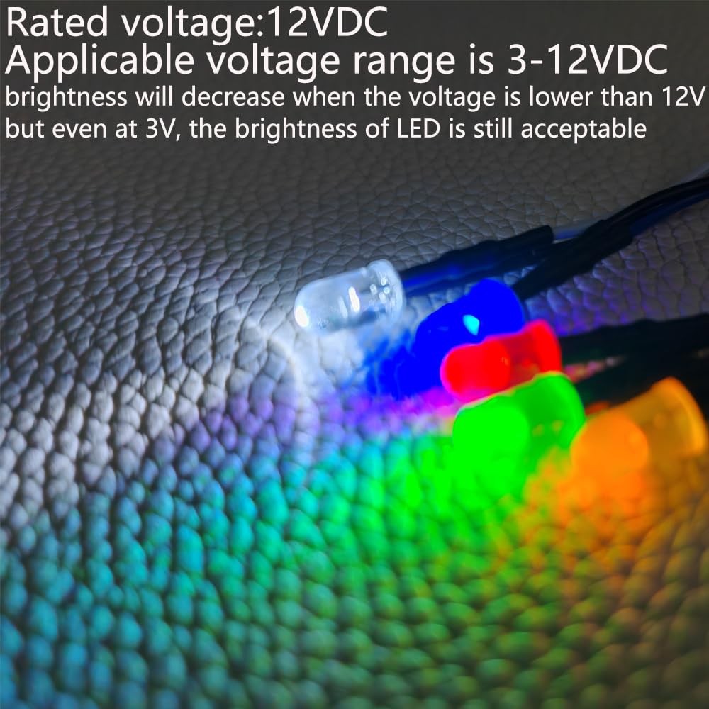 50pcs 5mm Red, Yellow, Green, Blue, White LED Lights, 12VDC Prewired 7.8 Inch…