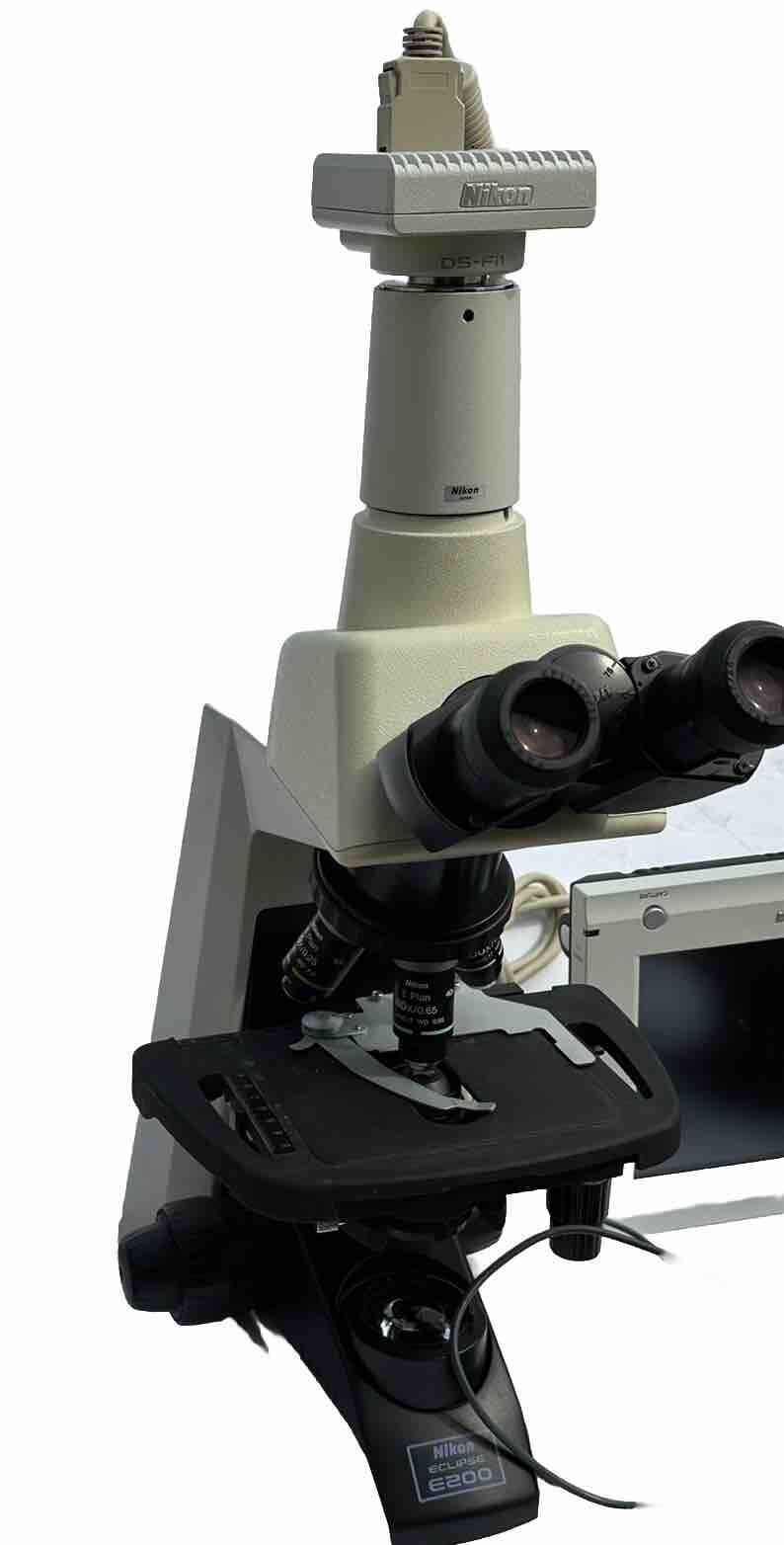 Nikon Eclipse E200 Trinocular Microscope With Camera And Monitor 4X 10X/40X/100X